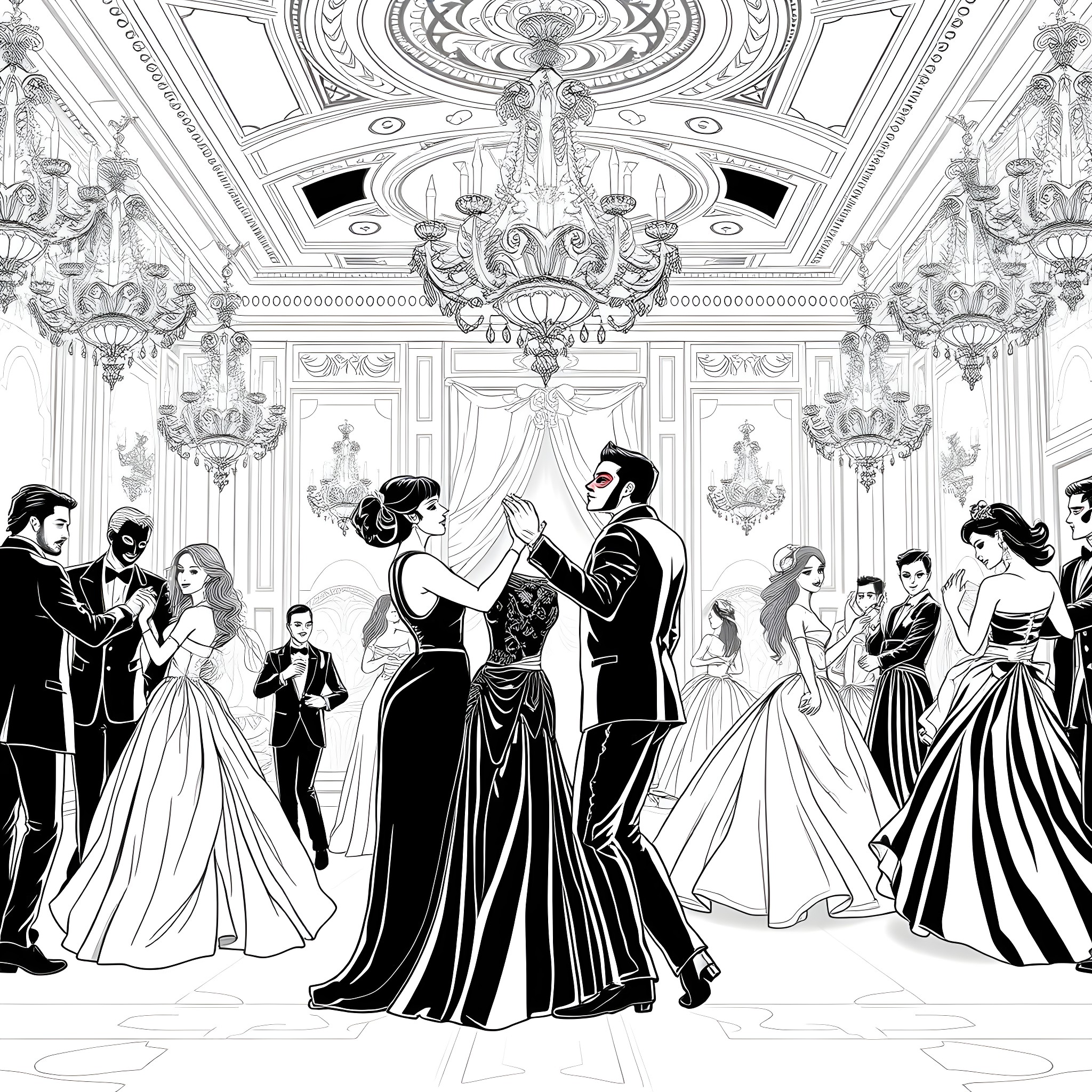 Masquerade - Elegant Ball in a Ornate Ballroom Coloring Page (free black-and-white line drawing printable PDF for all, from beginners to advanced learners, including children, teens, adults, and seniors)