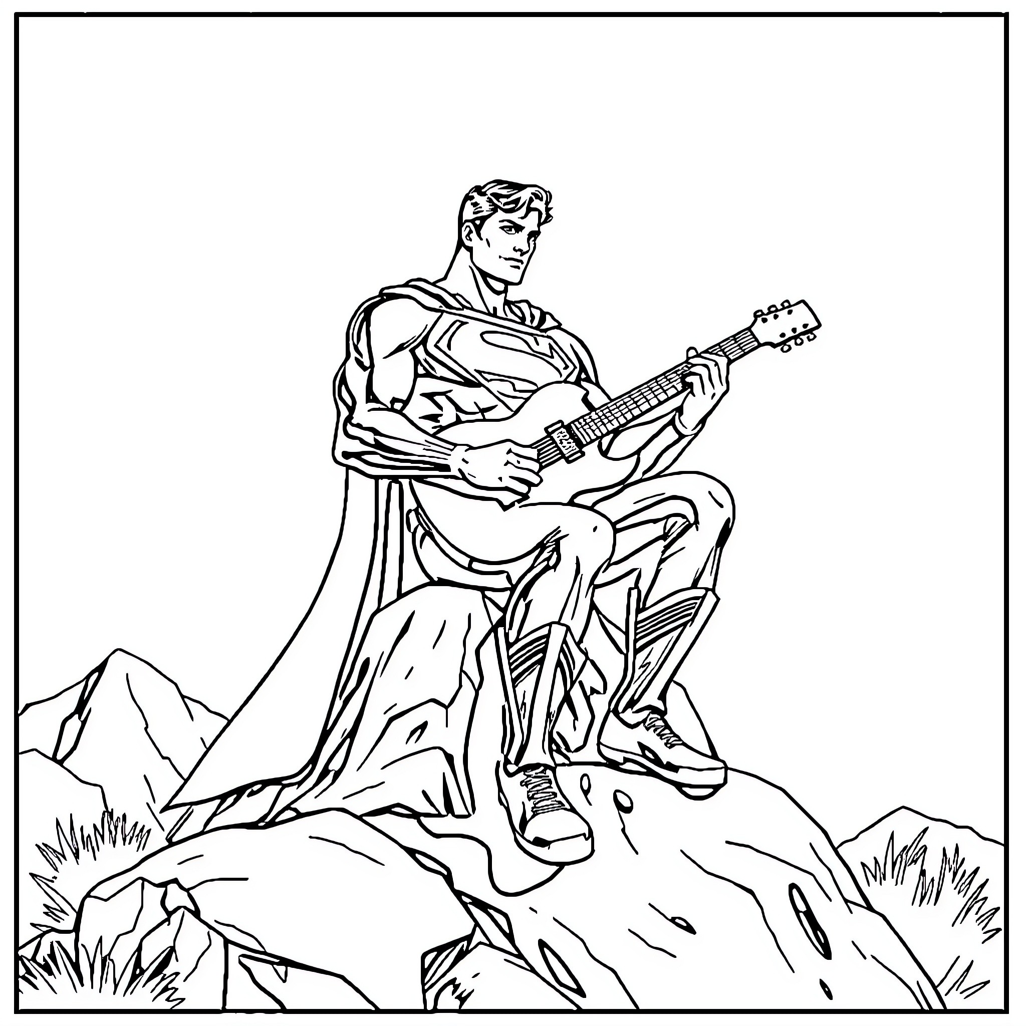 Superman playing guitar amidst mountain scenery Coloring Page (free black-and-white line drawing printable PDF for all, from beginners to advanced learners, including children, teens, adults, and seniors)