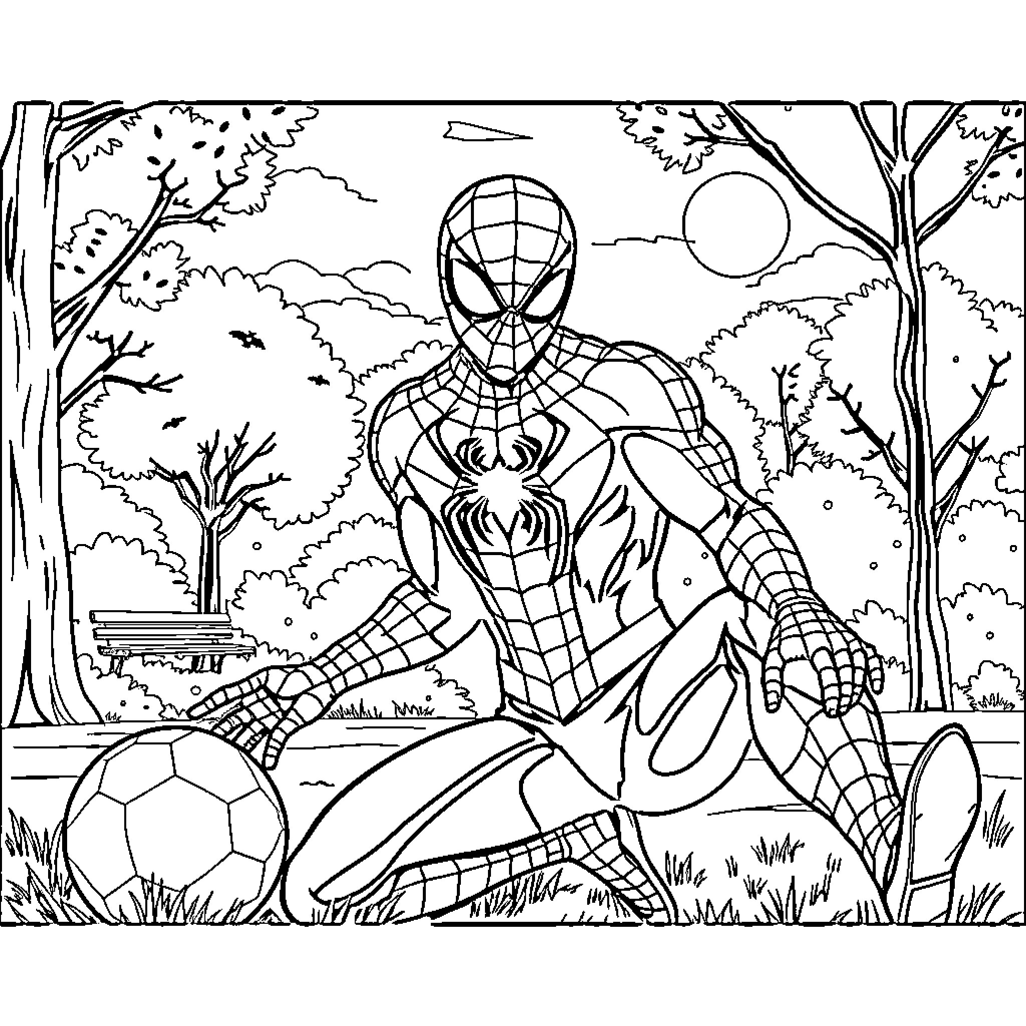 Spiderman sitting in a park with a soccer ball Coloring Page (free black-and-white line drawing printable PDF for all, from beginners to advanced learners, including children, teens, adults, and seniors)