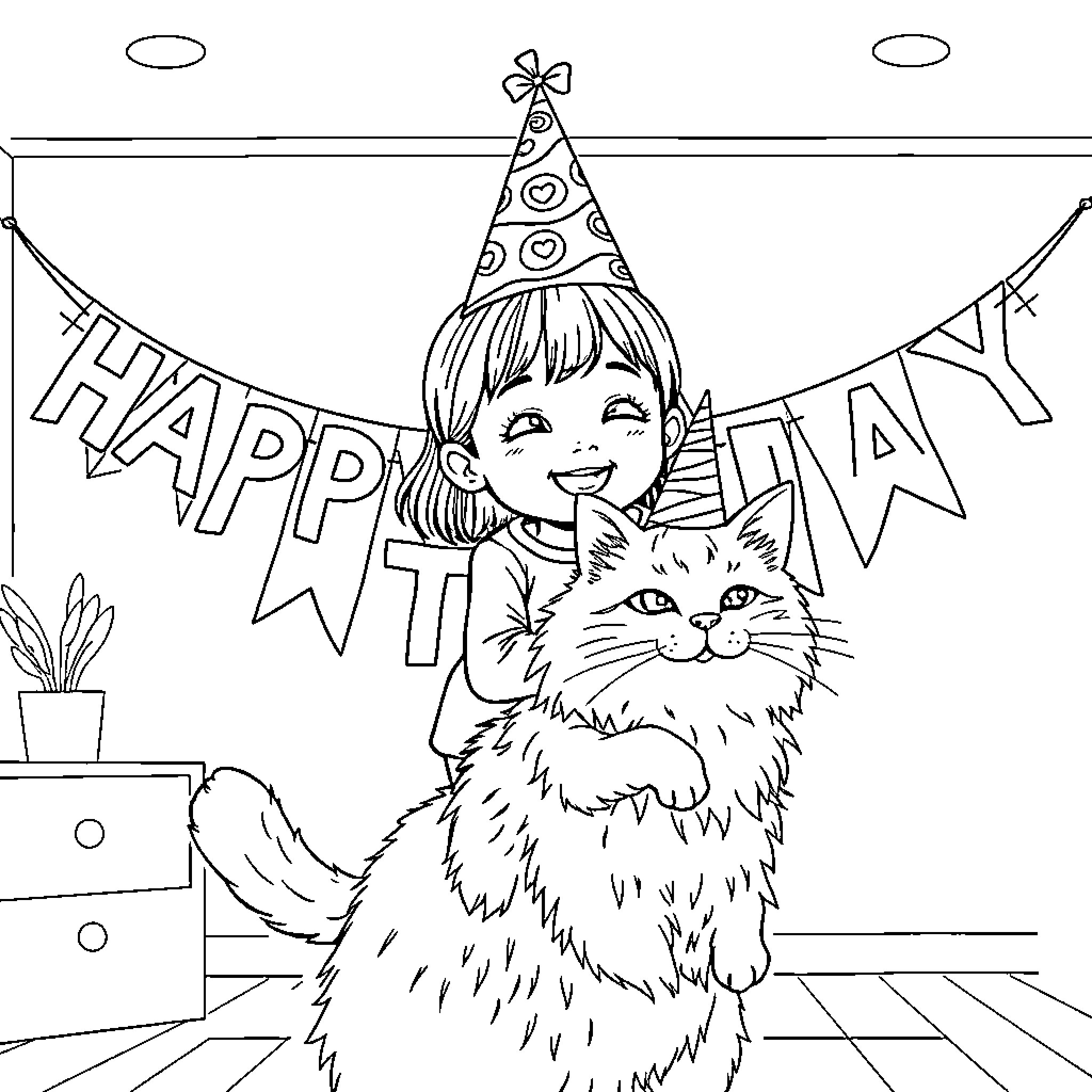 Girl celebrating a happy birthday with her cat Coloring Page (free black-and-white line drawing printable PDF for all, from beginners to advanced learners, including children, teens, adults, and seniors)