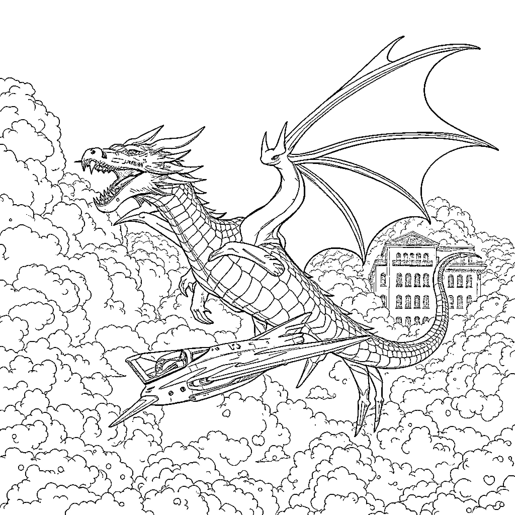 Dragon soaring above a fantastical city in the clouds Coloring Page (free black-and-white line drawing printable PDF for all, from beginners to advanced learners, including children, teens, adults, and seniors)
