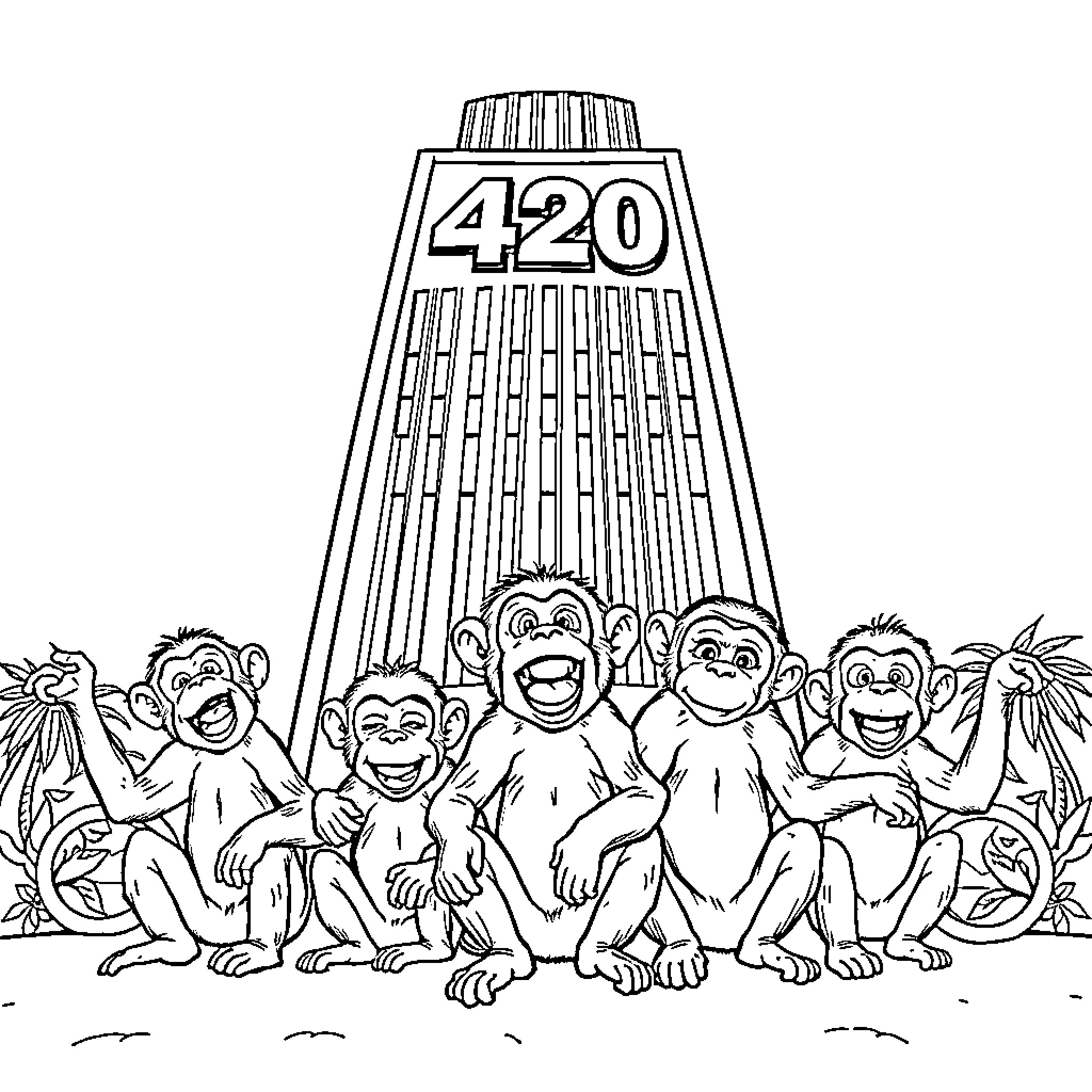 Monkeys celebrating 420 in a jungle setting Coloring Page (free black-and-white line drawing printable PDF for all, from beginners to advanced learners, including children, teens, adults, and seniors)