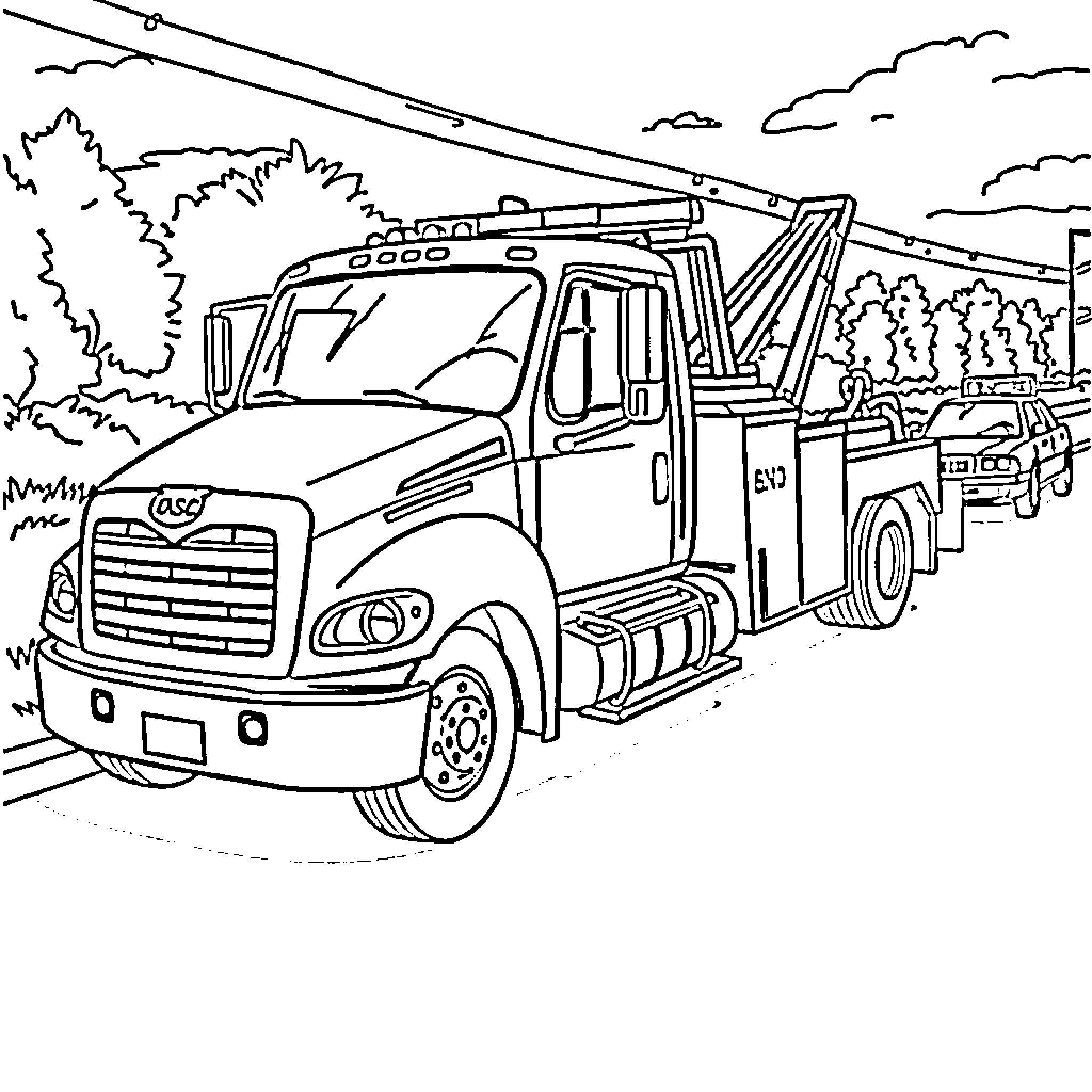 Tow Truck Assisting with Roadside Vehicle Breakdown Coloring Page (free black-and-white line drawing printable PDF for all, from beginners to advanced learners, including children, teens, adults, and seniors)
