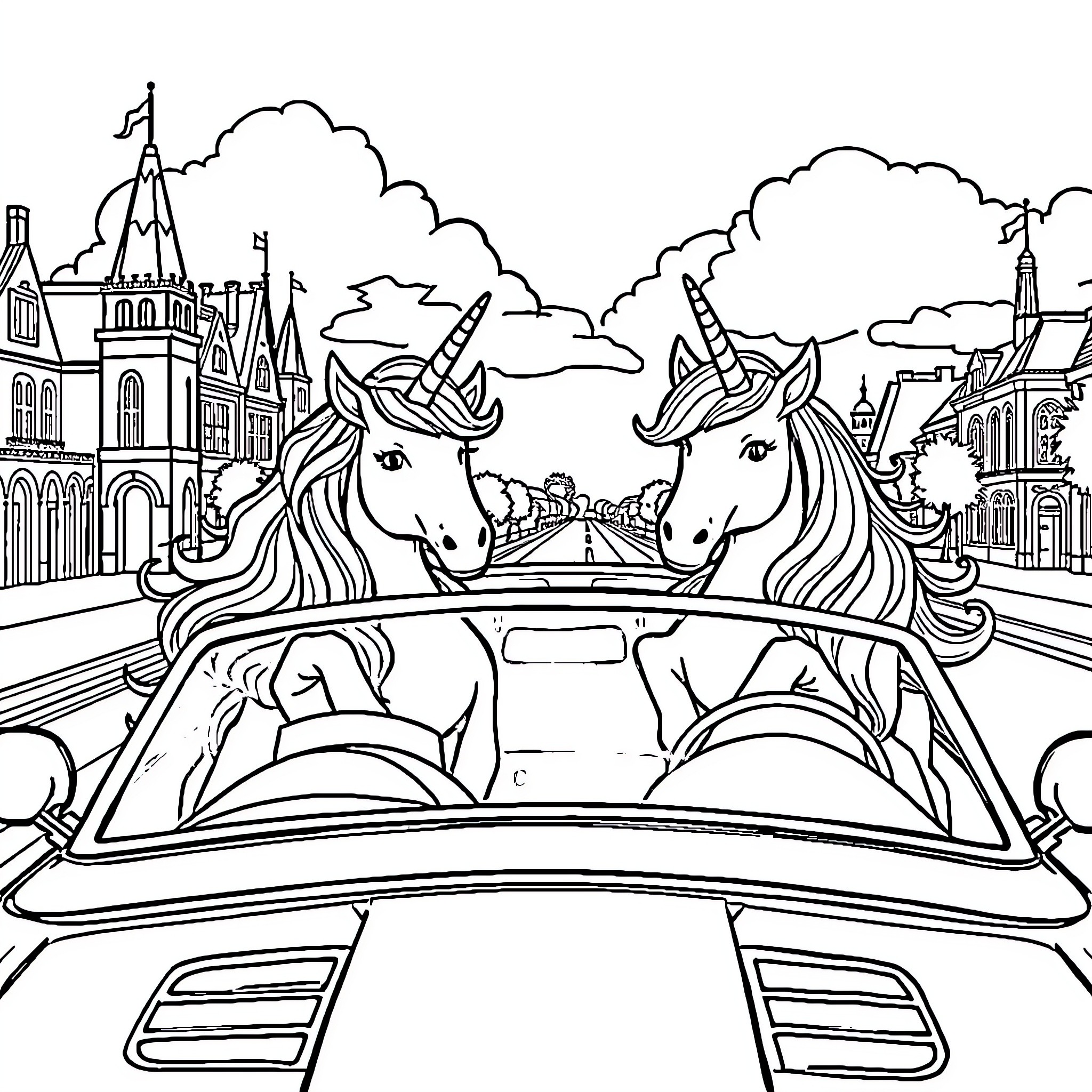 Unicorn couple driving a magical convertible through a fantasy city Coloring Page (free black-and-white line drawing printable PDF for all, from beginners to advanced learners, including children, teens, adults, and seniors)