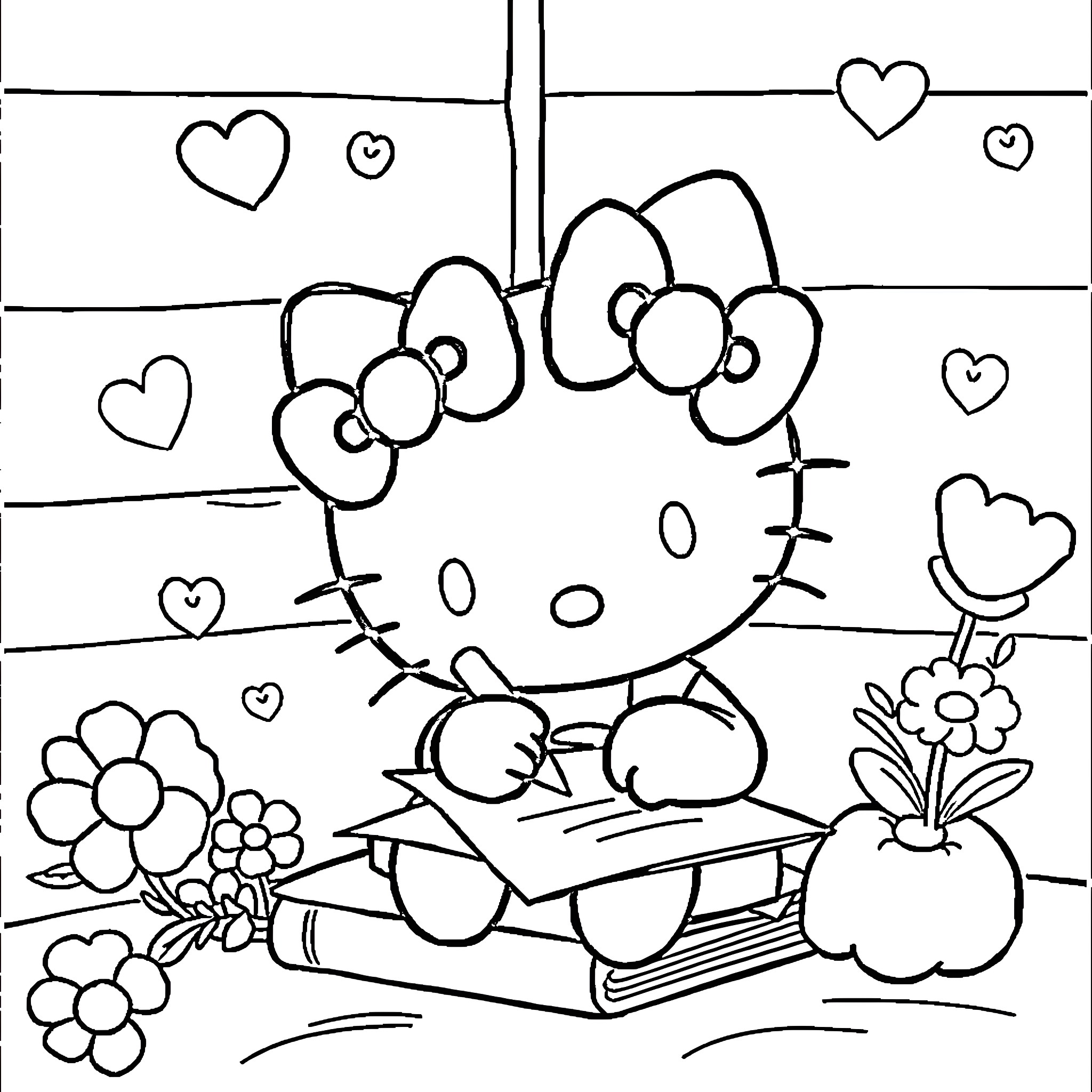 Hello Kitty Surrounded by Books and Flowers Coloring Page (free black-and-white line drawing printable PDF for all, from beginners to advanced learners, including children, teens, adults, and seniors)