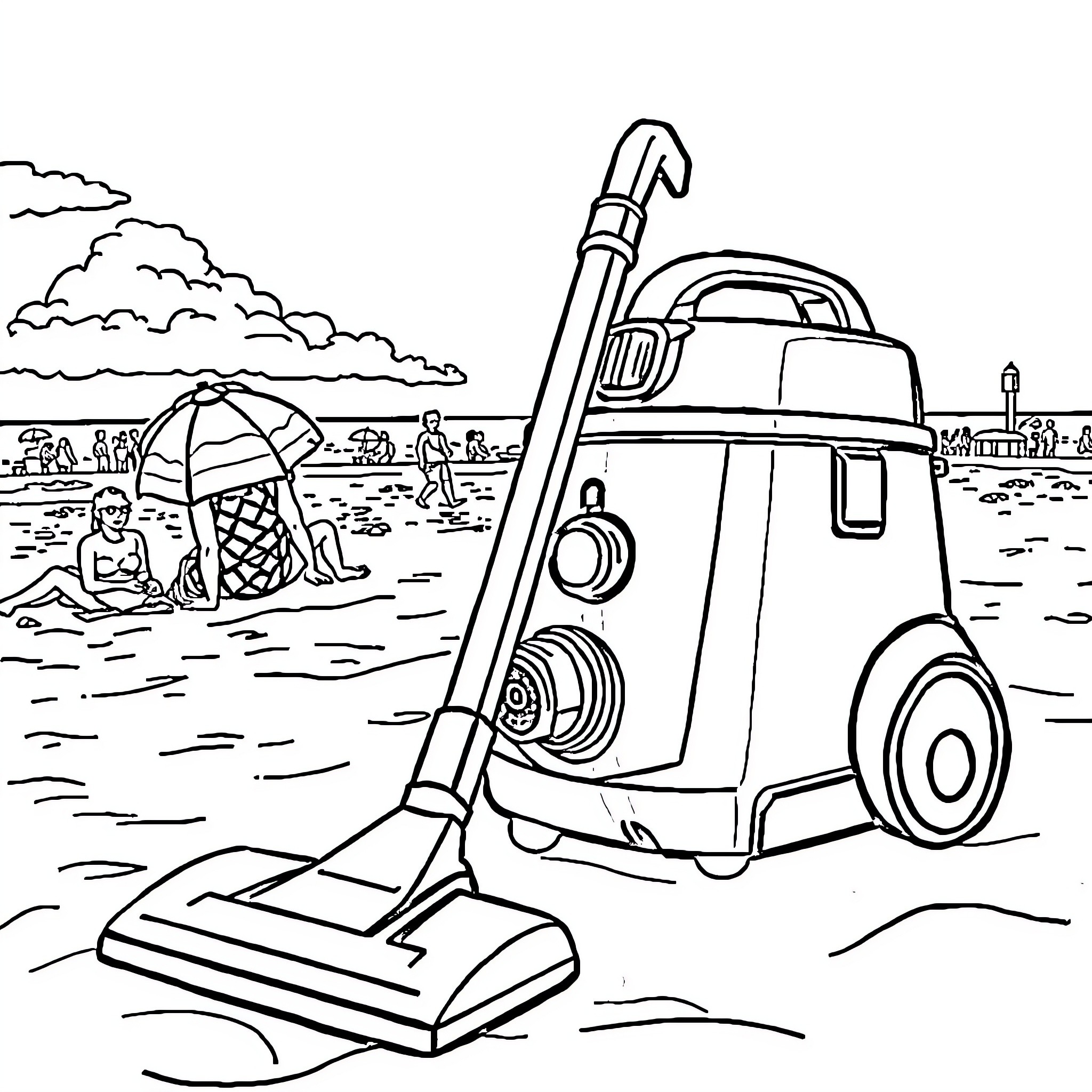 Vacuum Cleaner at the Beach Vacation Coloring Page (free black-and-white line drawing printable PDF for all, from beginners to advanced learners, including children, teens, adults, and seniors)