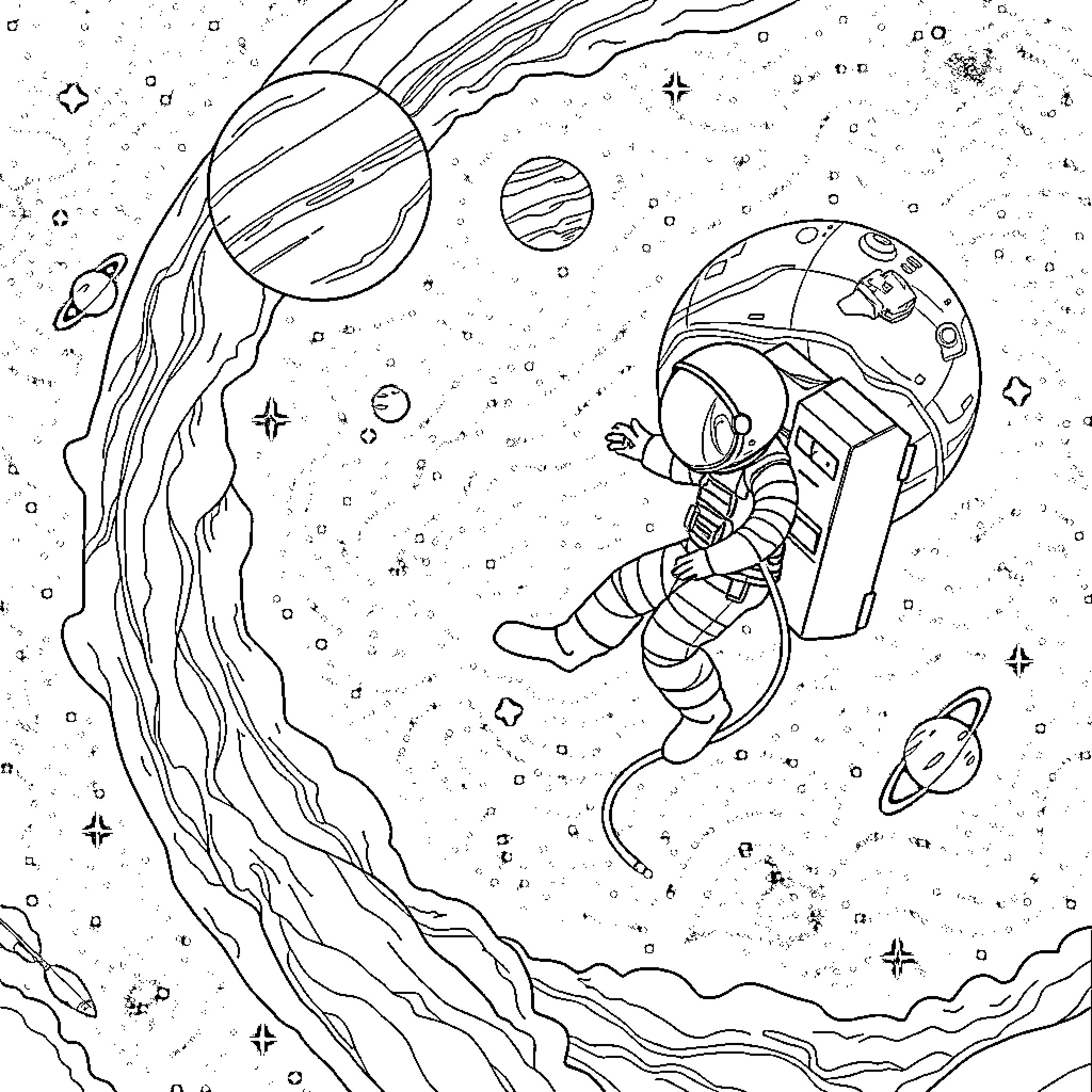 Astronaut exploring the wondrous cosmos Coloring Page (free black-and-white line drawing printable PDF for all, from beginners to advanced learners, including children, teens, adults, and seniors)
