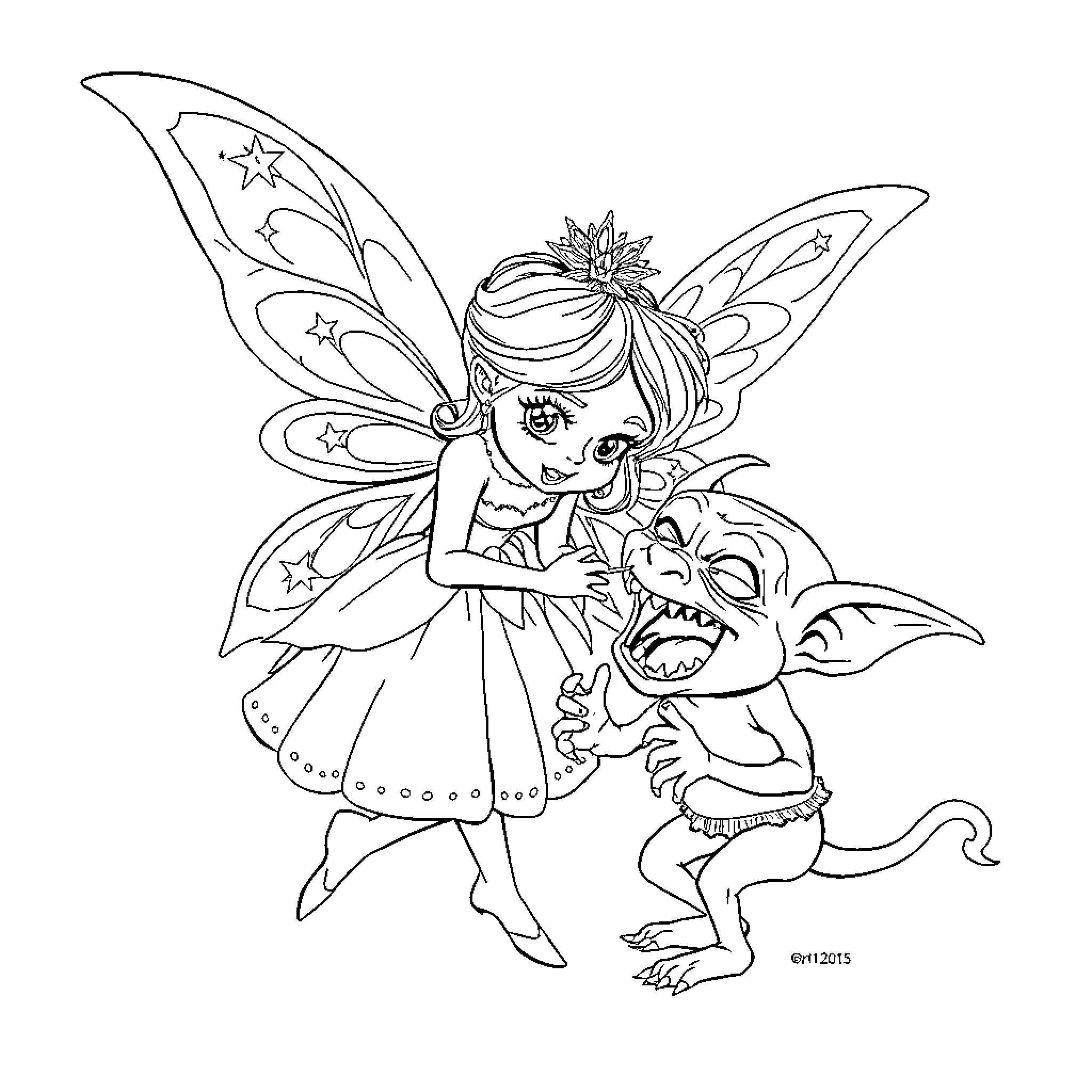 Fairy confronting a mischievous creature Coloring Page (free black-and-white line drawing printable PDF for all, from beginners to advanced learners, including children, teens, adults, and seniors)