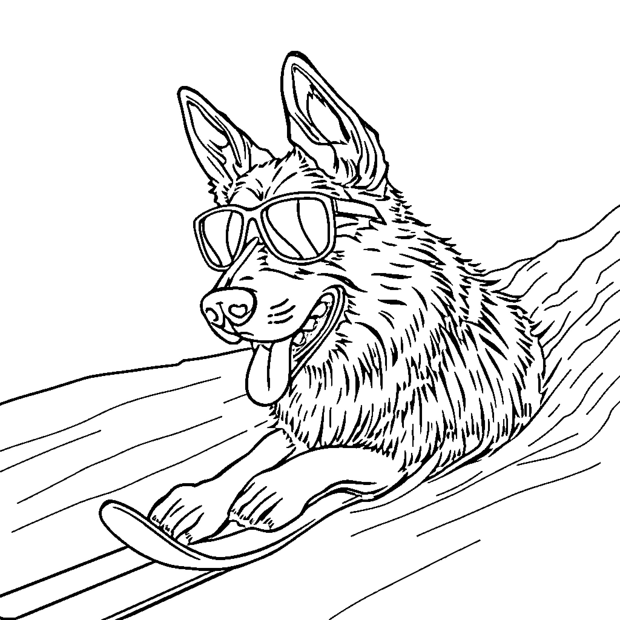 German Shepherd Surfing on the Waves Coloring Page (free black-and-white line drawing printable PDF for all, from beginners to advanced learners, including children, teens, adults, and seniors)