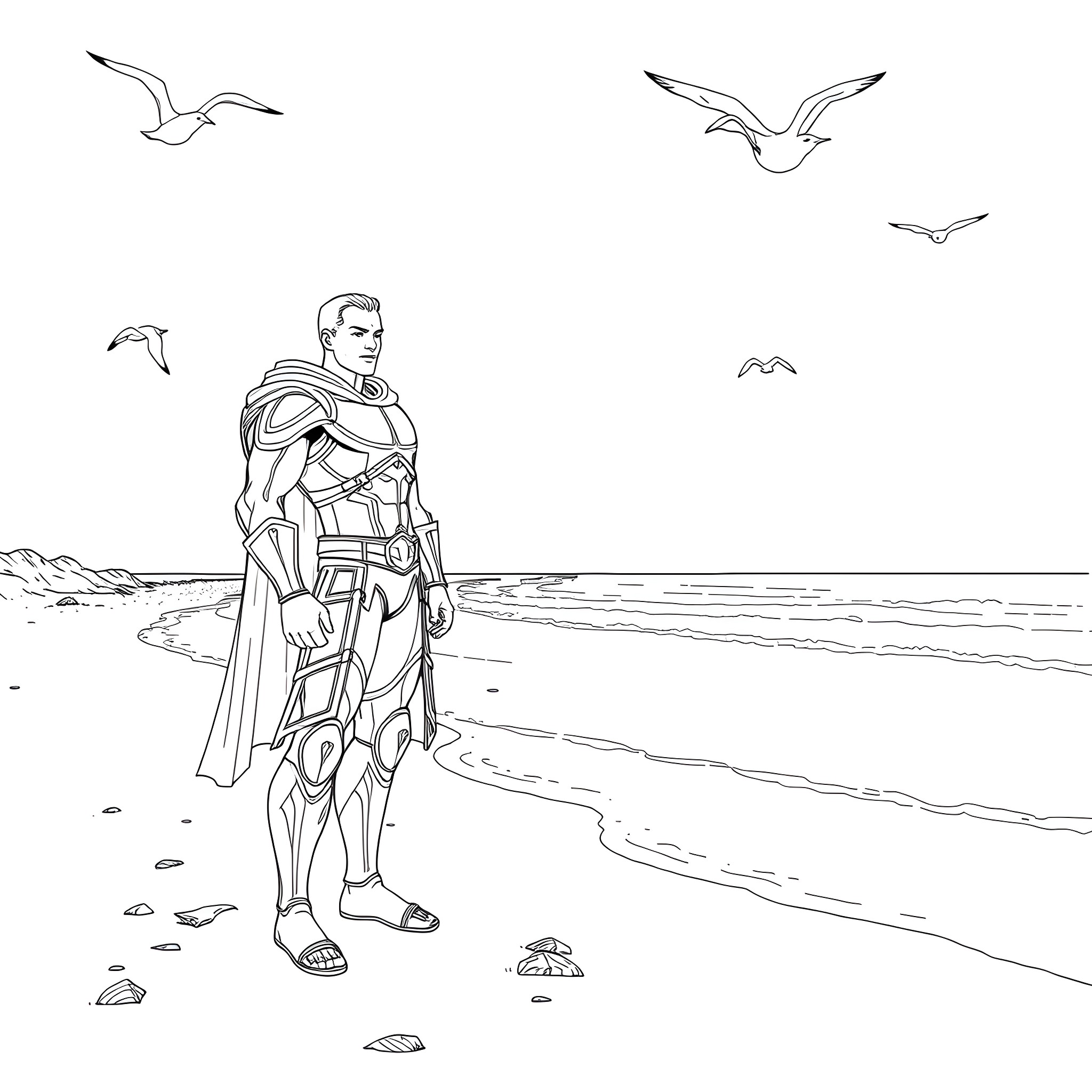 Titan Speakerman standing heroically on the beach Coloring Page (free black-and-white line drawing printable PDF for all, from beginners to advanced learners, including children, teens, adults, and seniors)