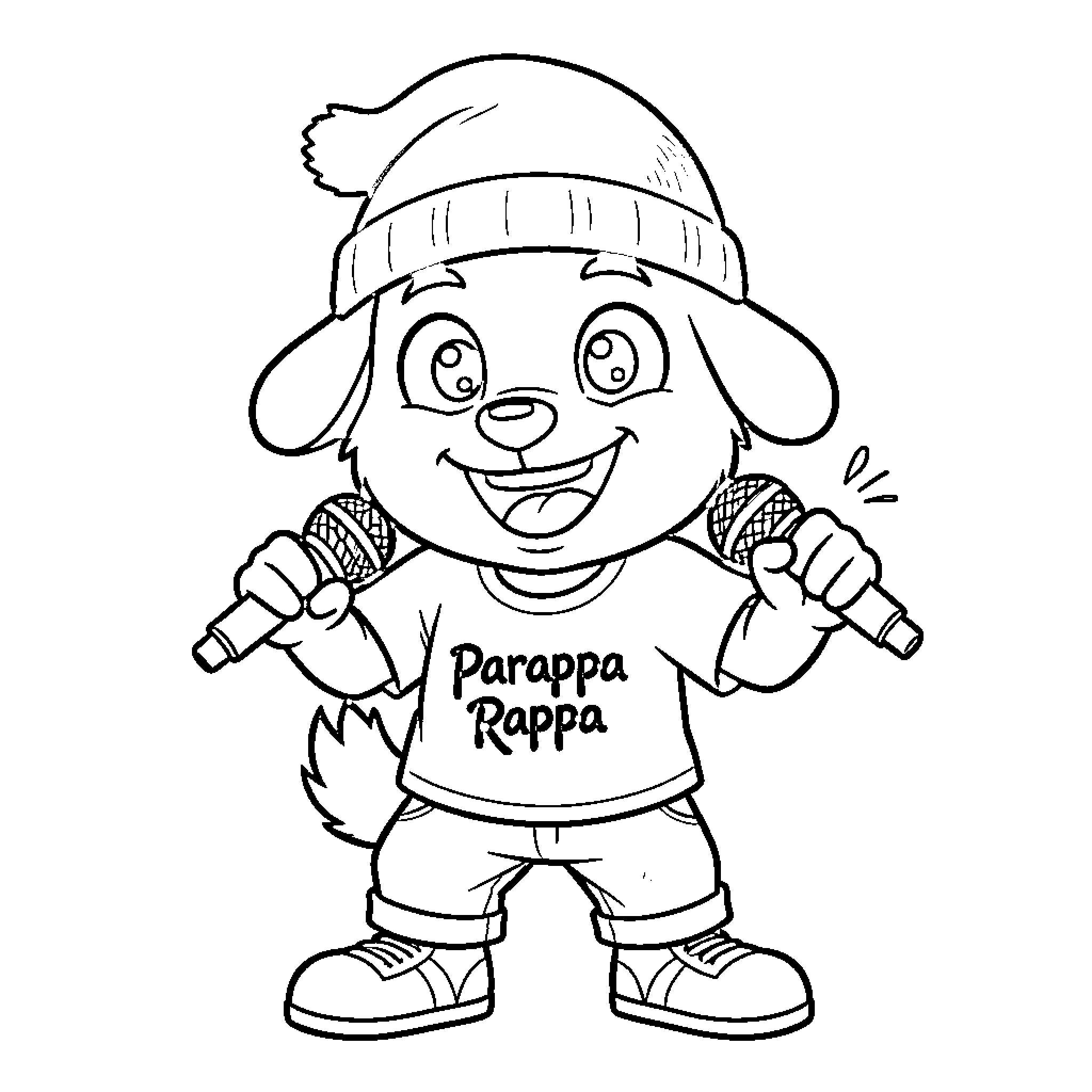 Parappa Rapping with Microphones Coloring Page (free black-and-white line drawing printable PDF for all, from beginners to advanced learners, including children, teens, adults, and seniors)