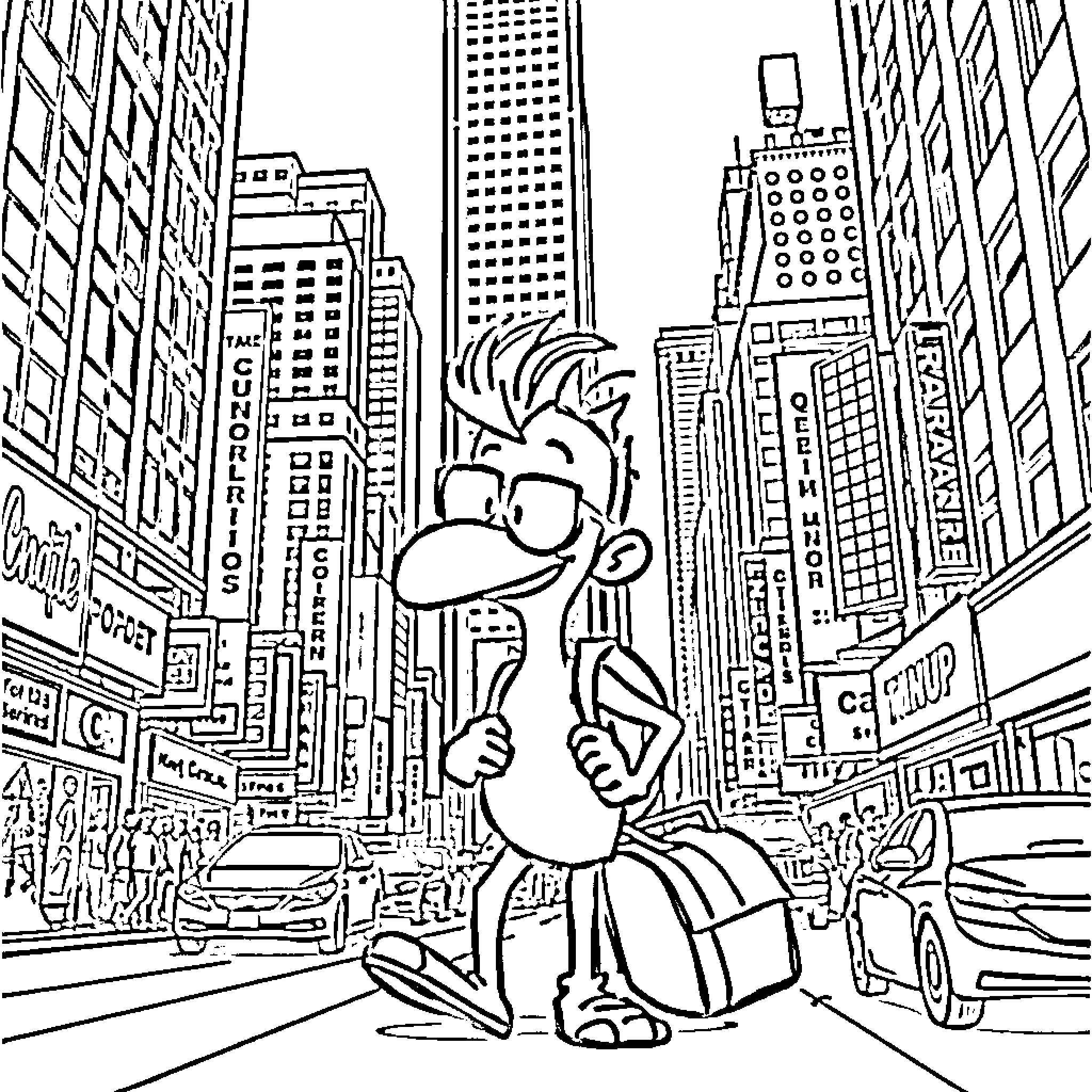 Condorito in the bustling city streets Coloring Page (free black-and-white line drawing printable PDF for all, from beginners to advanced learners, including children, teens, adults, and seniors)