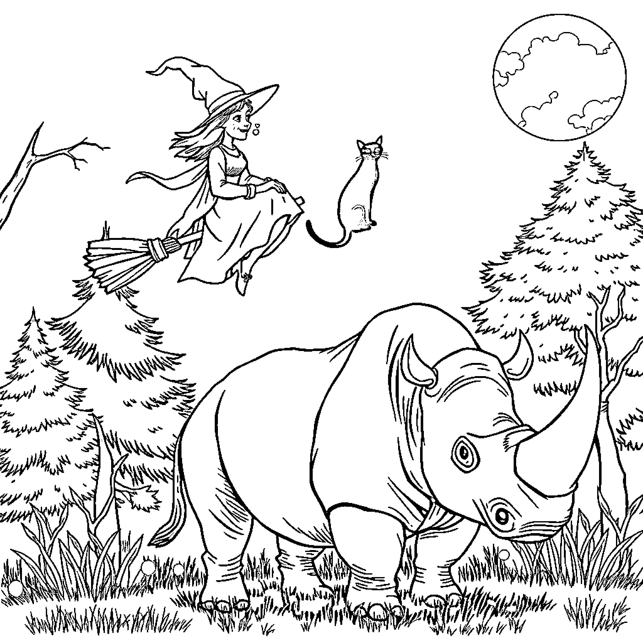 Witch riding broom with cat over forest landscape Coloring Page (free black-and-white line drawing printable PDF for all, from beginners to advanced learners, including children, teens, adults, and seniors)