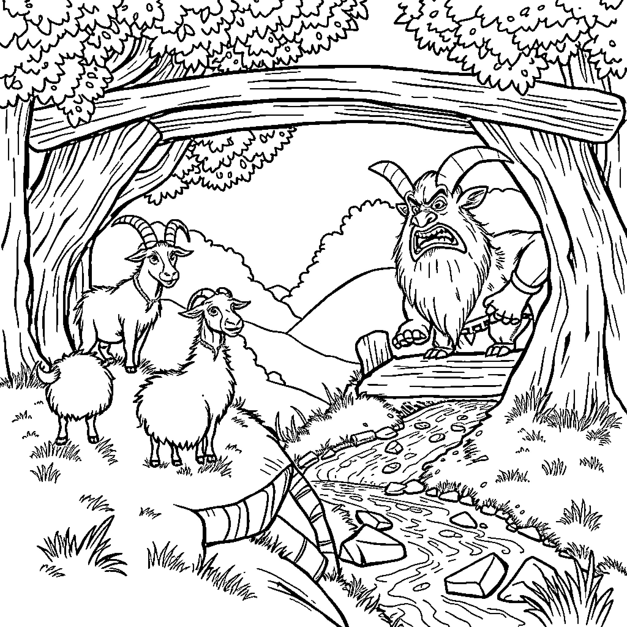 Billy Goat Trio Encounter in Woodland Setting Coloring Page (free black-and-white line drawing printable PDF for all, from beginners to advanced learners, including children, teens, adults, and seniors)