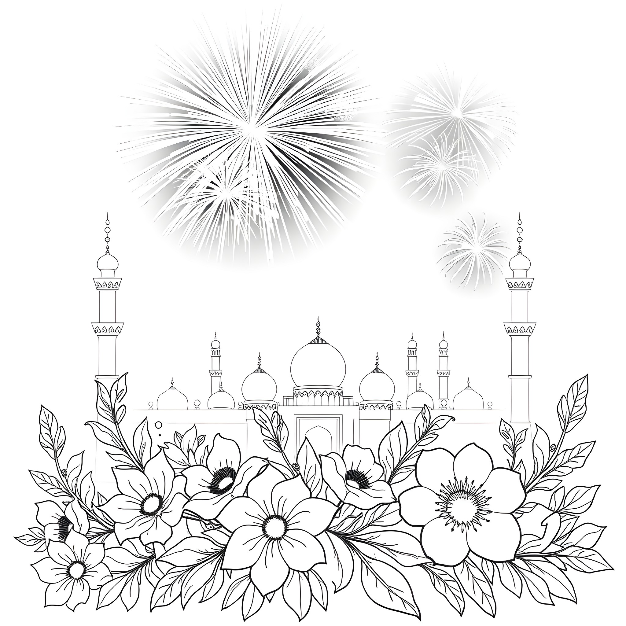 Eid celebration with fireworks and floral decorations Coloring Page (free black-and-white line drawing printable PDF for all, from beginners to advanced learners, including children, teens, adults, and seniors)