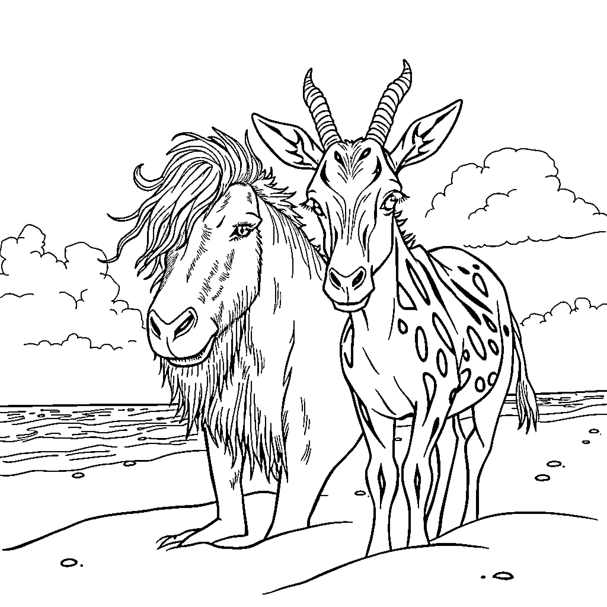 Uomo and His Mythical Goat Companion in the Landscape Coloring Page (free black-and-white line drawing printable PDF for all, from beginners to advanced learners, including children, teens, adults, and seniors)
