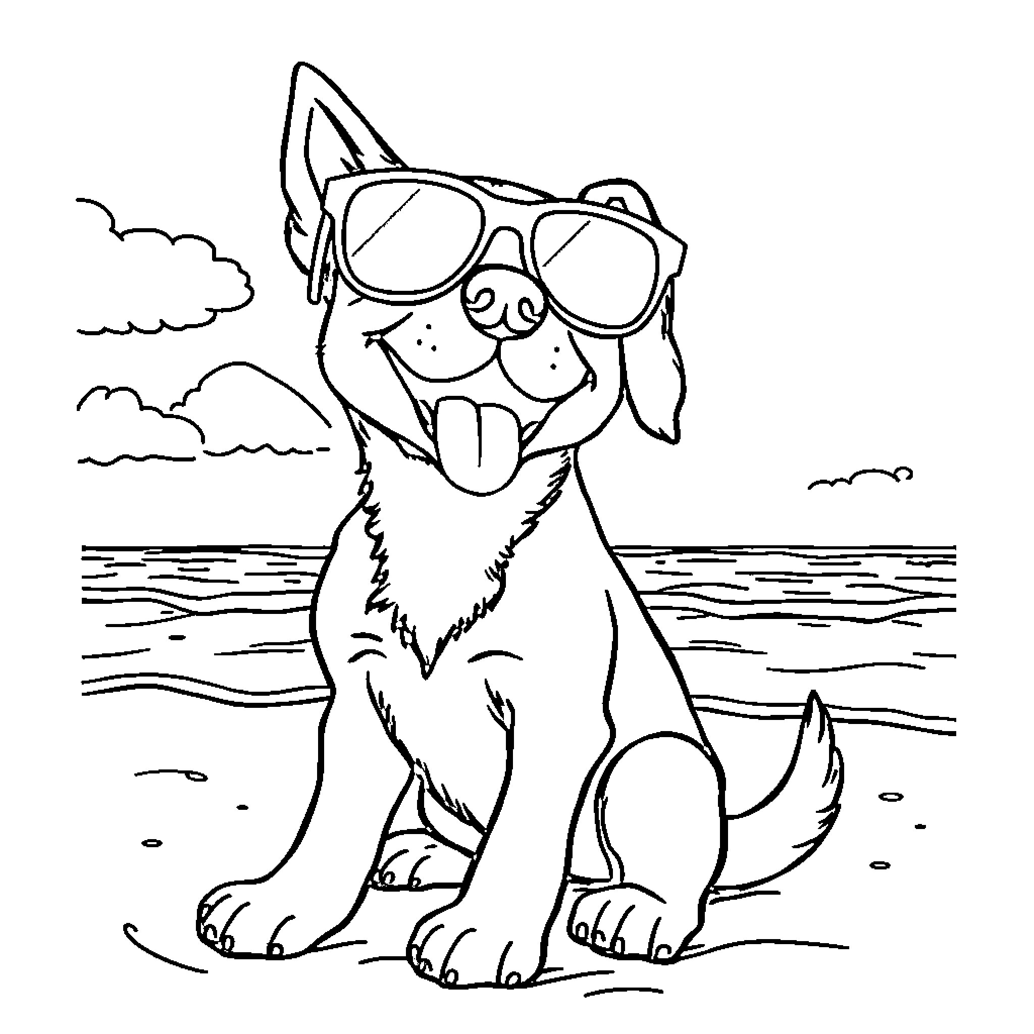 Dog relaxing at the beach with sunglasses Coloring Page (free black-and-white line drawing printable PDF for all, from beginners to advanced learners, including children, teens, adults, and seniors)