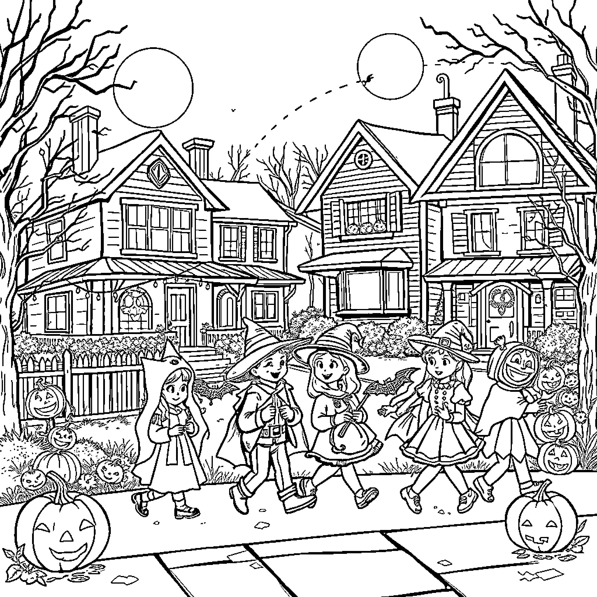 Halloween costumes and trick-or-treating in a neighborhood Coloring Page (free black-and-white line drawing printable PDF for all, from beginners to advanced learners, including children, teens, adults, and seniors)