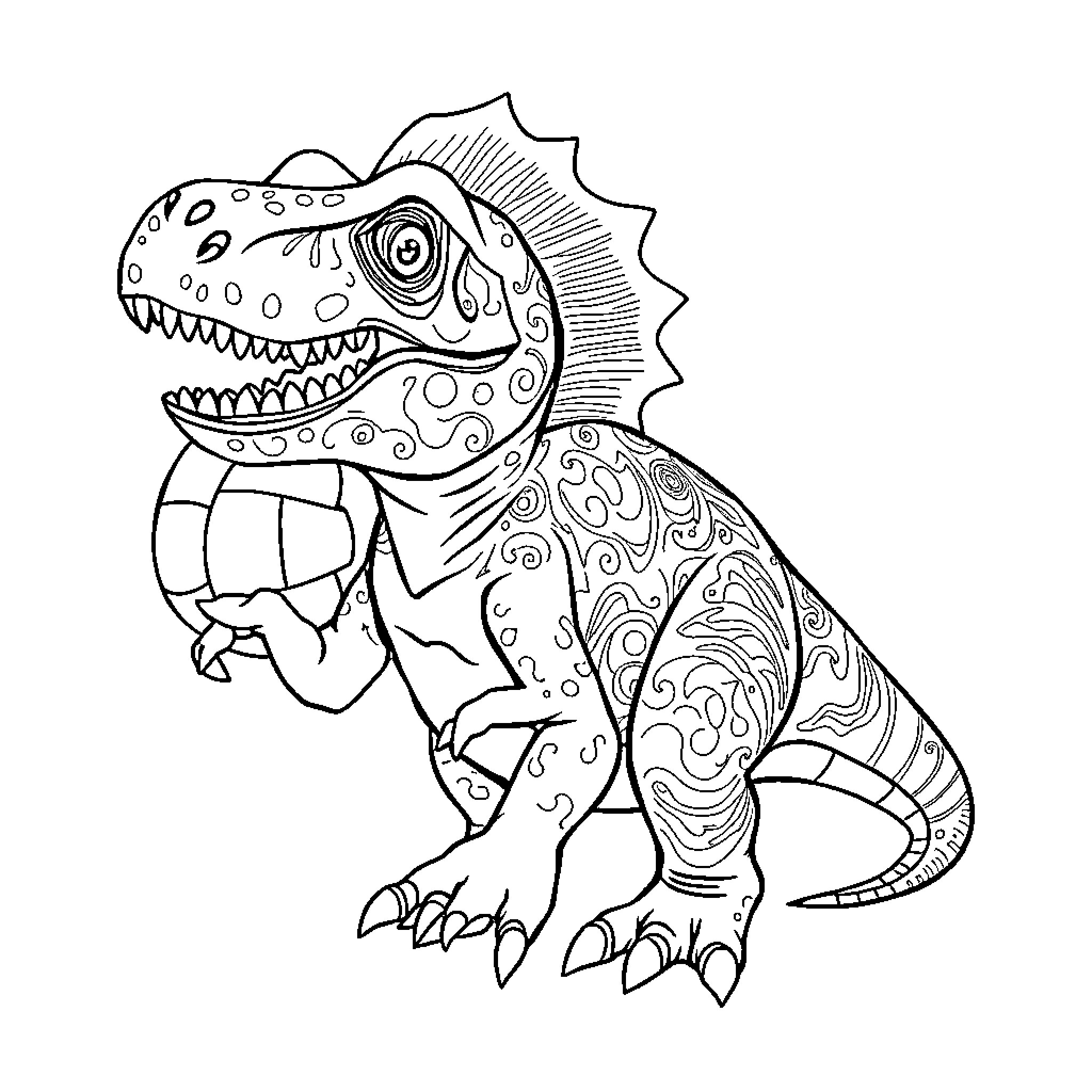 T-Rex with Decorative Patterns and Expressions Coloring Page (free black-and-white line drawing printable PDF for all, from beginners to advanced learners, including children, teens, adults, and seniors)