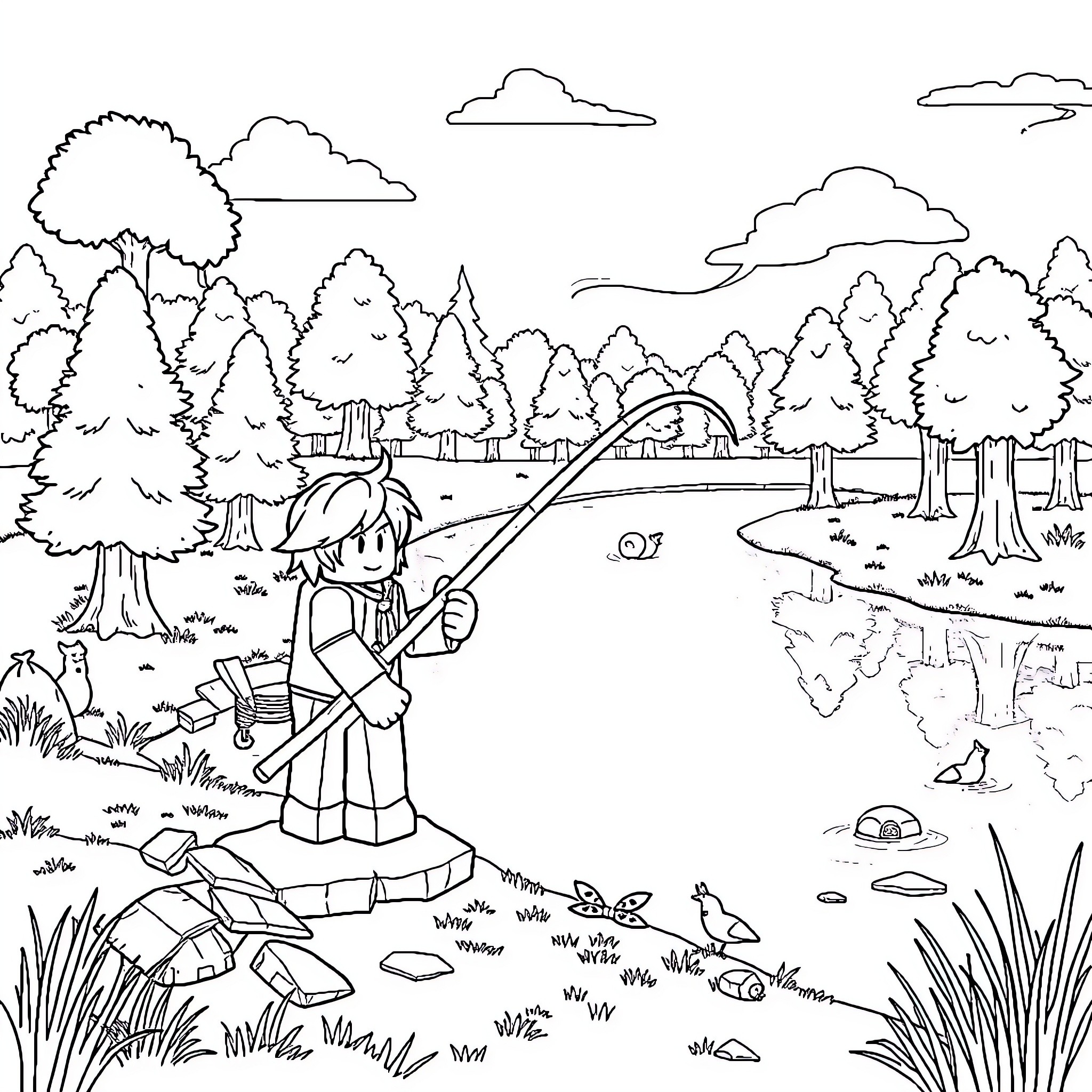 Roblox Character Fishing by the River in the Forest Coloring Page (free black-and-white line drawing printable PDF for all, from beginners to advanced learners, including children, teens, adults, and seniors)