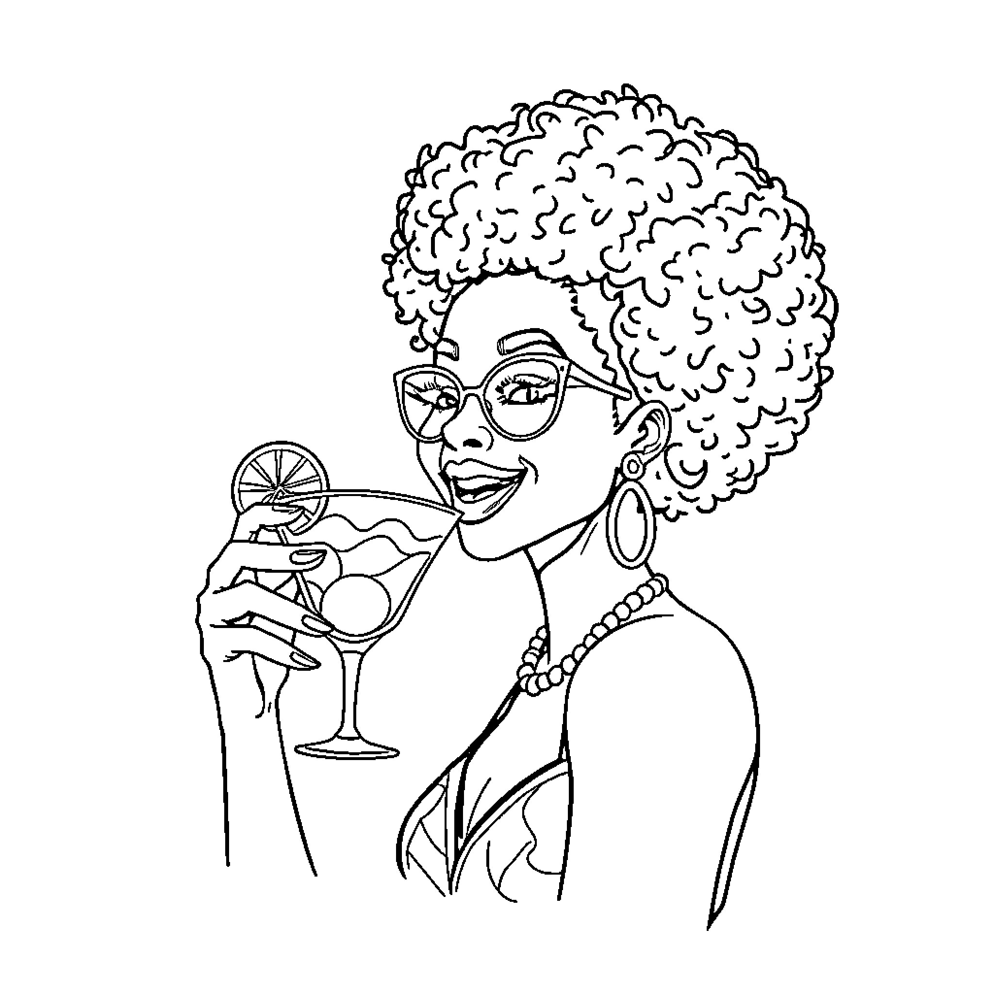 Woman enjoying a refreshing drink Coloring Page (free black-and-white line drawing printable PDF for all, from beginners to advanced learners, including children, teens, adults, and seniors)