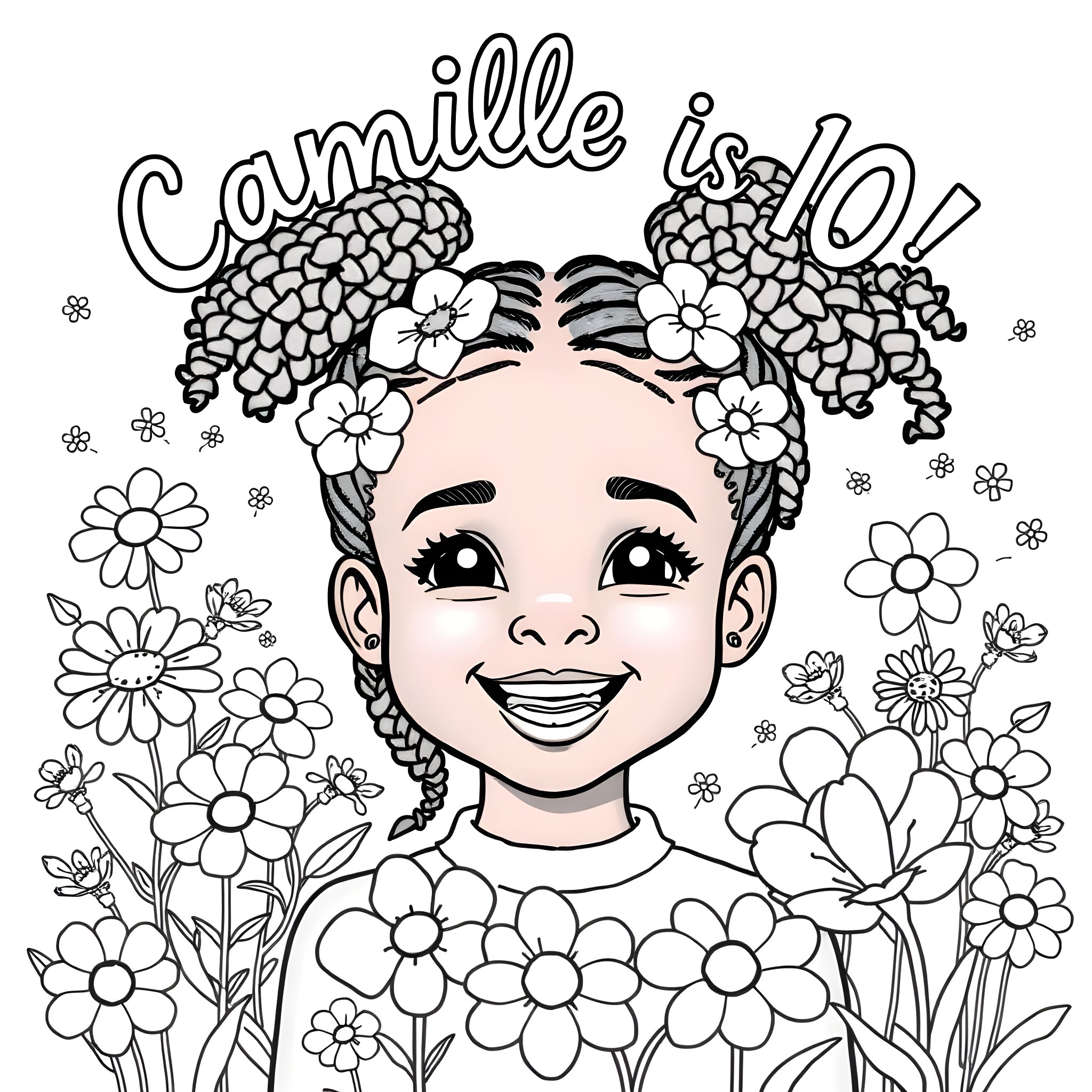 Girl with Floral Braids and Flowers Surrounding Her Coloring Page (free black-and-white line drawing printable PDF for all, from beginners to advanced learners, including children, teens, adults, and seniors)