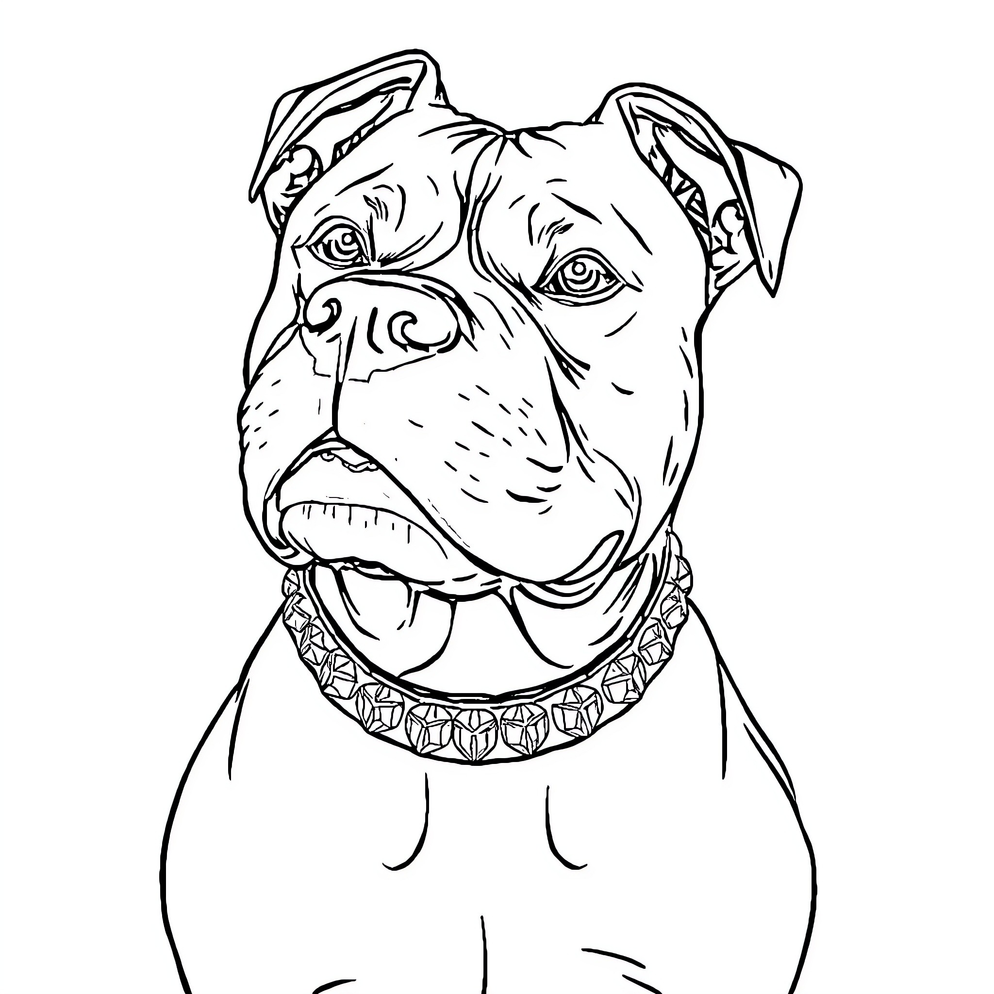 Pitbull with Collar Waiting Patiently Coloring Page (free black-and-white line drawing printable PDF for all, from beginners to advanced learners, including children, teens, adults, and seniors)