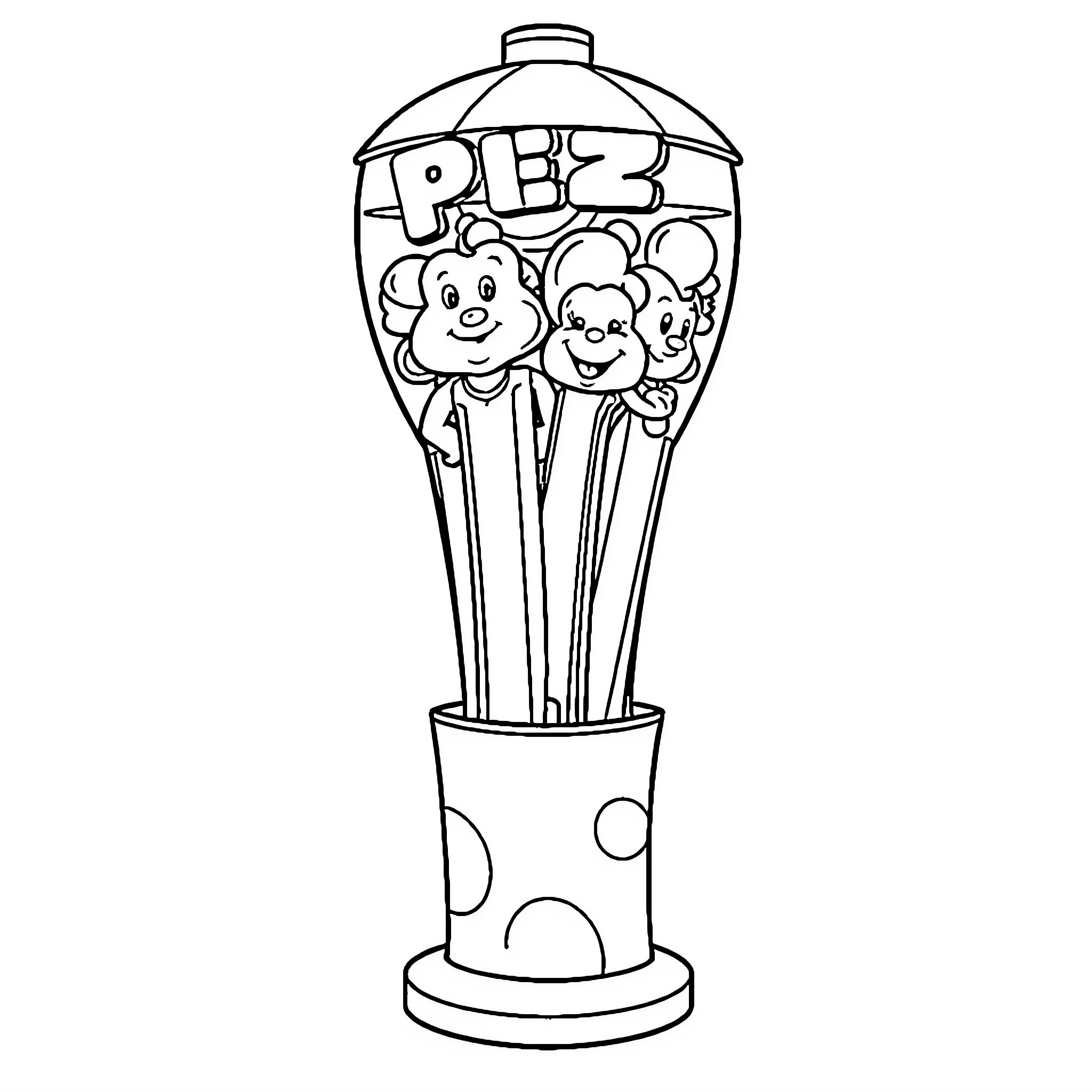 Pez Dispenser with Cheerful Characters Coloring Page (free black-and-white line drawing printable PDF for all, from beginners to advanced learners, including children, teens, adults, and seniors)