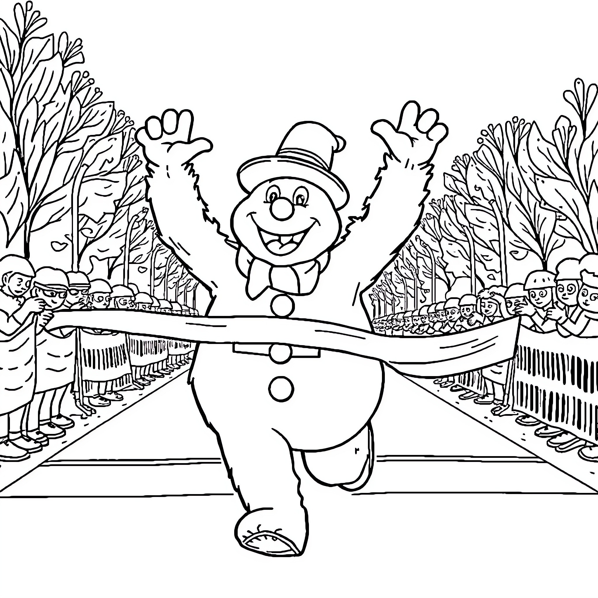 Abominable Snowman Celebrates with Joyful Gestures Coloring Page (free black-and-white line drawing printable PDF for all, from beginners to advanced learners, including children, teens, adults, and seniors)