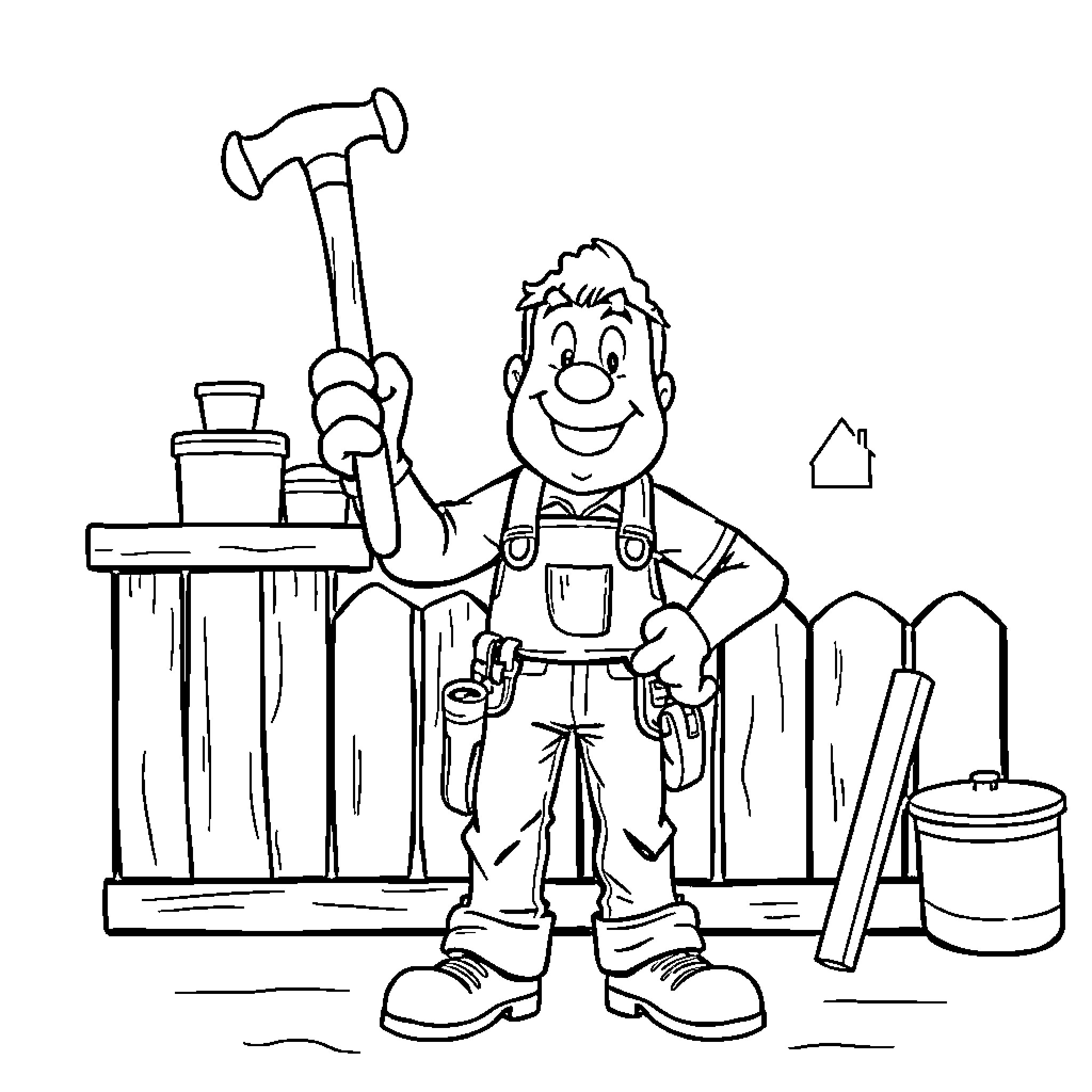 Handyman working diligently with tools and equipment Coloring Page (free black-and-white line drawing printable PDF for all, from beginners to advanced learners, including children, teens, adults, and seniors)