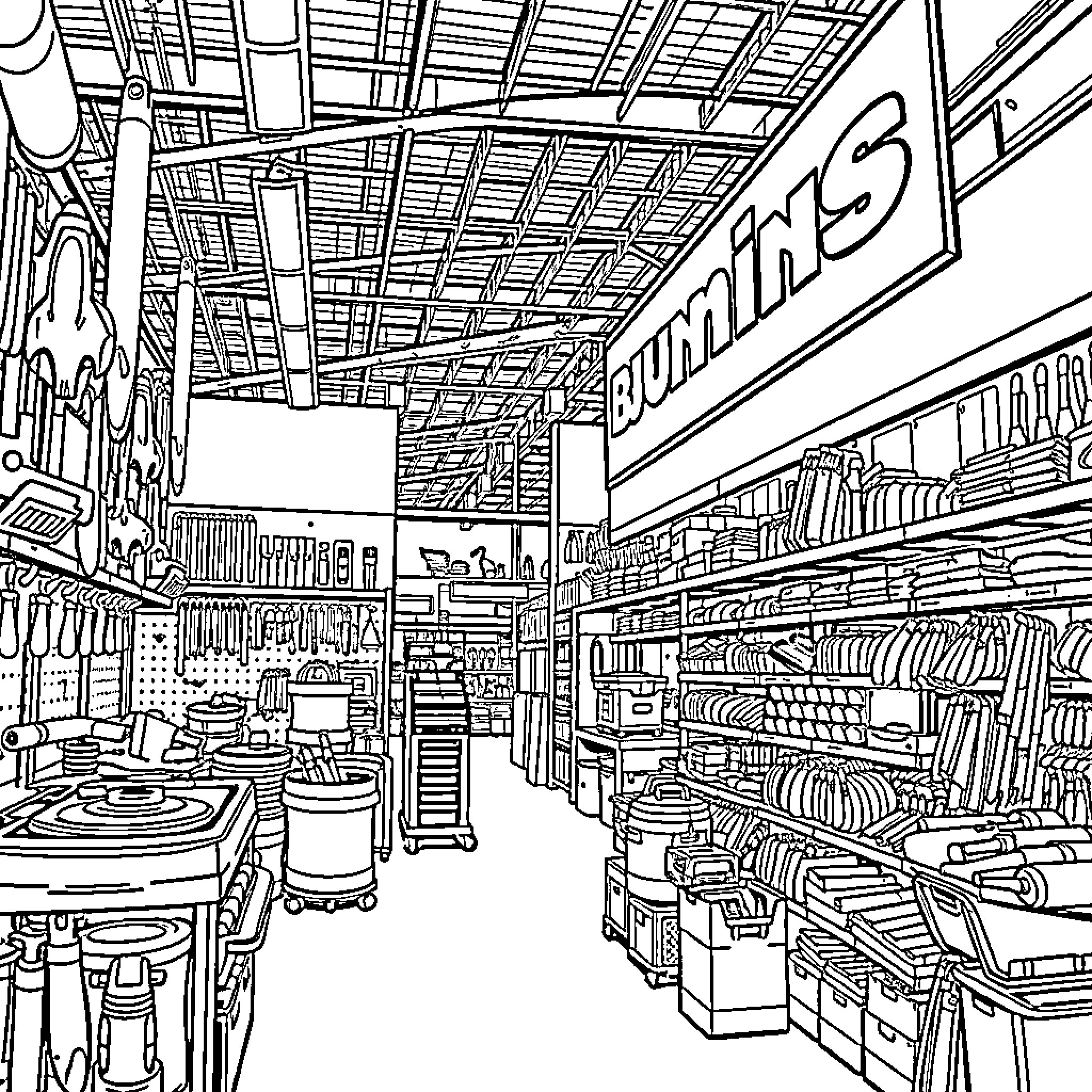 Bunnings Warehouse: A Bustling Hardware Store Interior Coloring Page (free black-and-white line drawing printable PDF for all, from beginners to advanced learners, including children, teens, adults, and seniors)