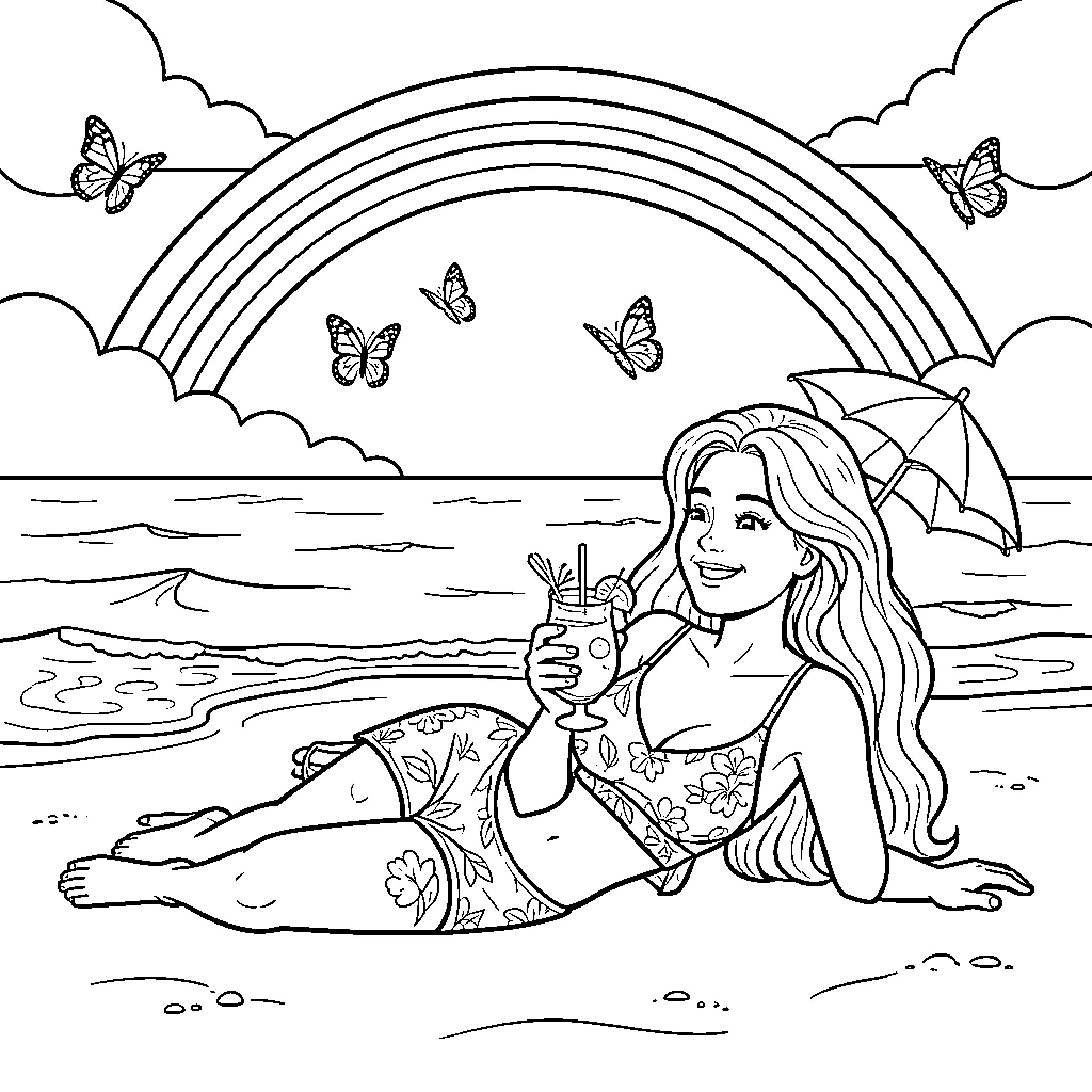 Mom relaxing on the beach with butterflies Coloring Page (free black-and-white line drawing printable PDF for all, from beginners to advanced learners, including children, teens, adults, and seniors)
