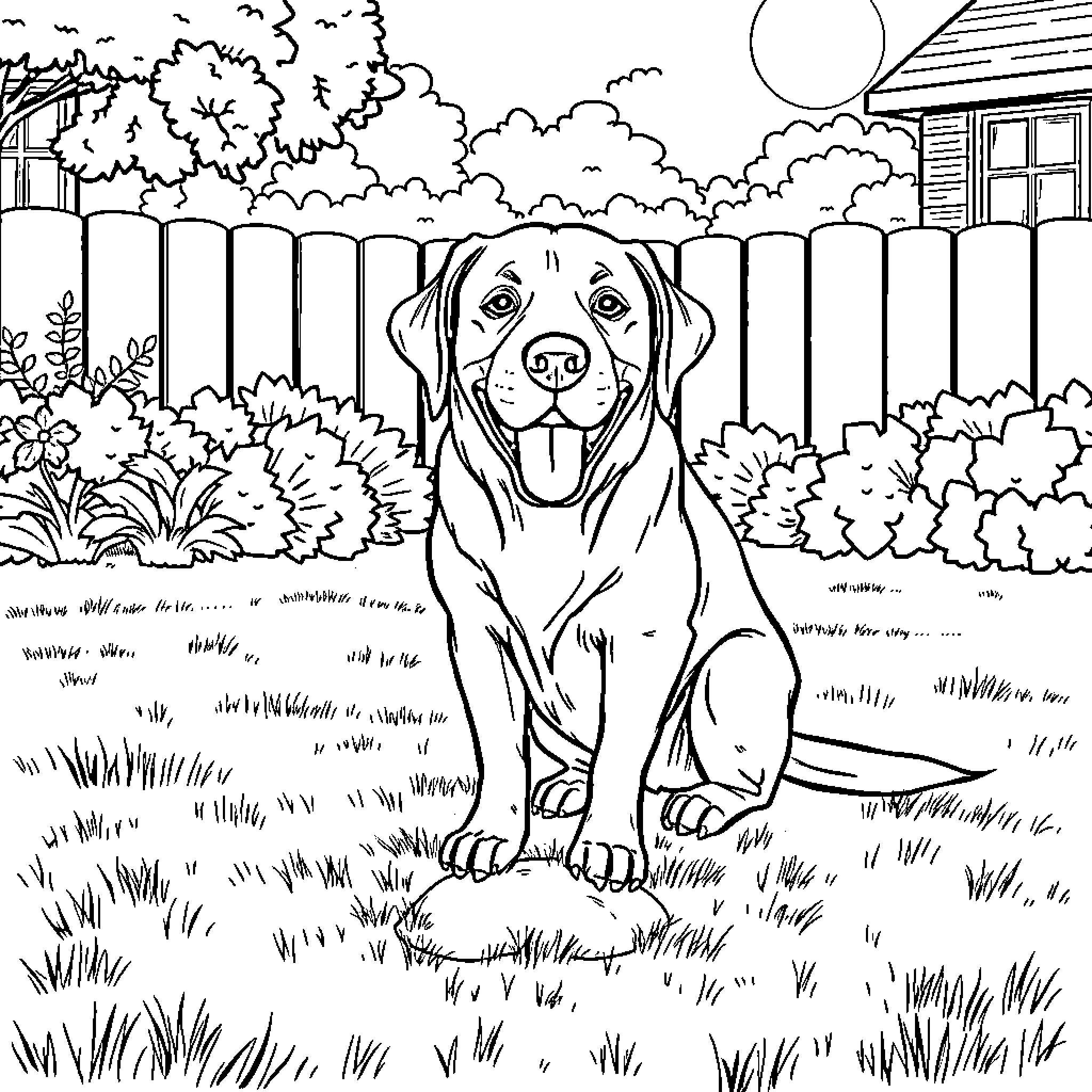 Labrador dog enjoying the backyard scenery Coloring Page (free black-and-white line drawing printable PDF for all, from beginners to advanced learners, including children, teens, adults, and seniors)