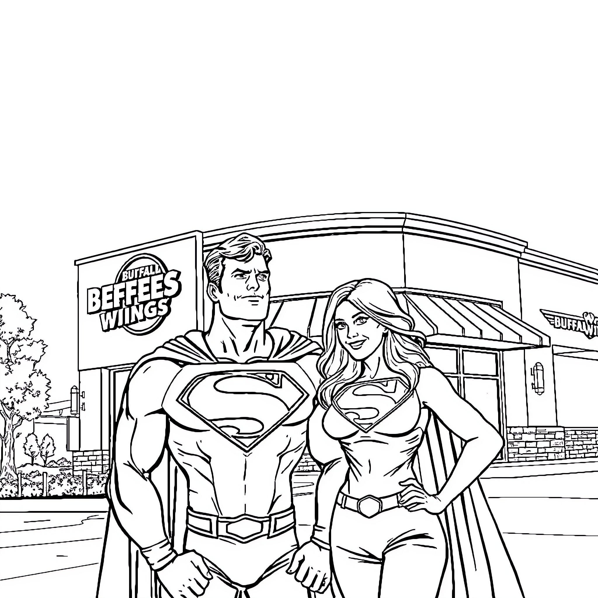 Superman and Superwoman posing heroically in front of a fast-food restaurant Coloring Page (free black-and-white line drawing printable PDF for all, from beginners to advanced learners, including children, teens, adults, and seniors)