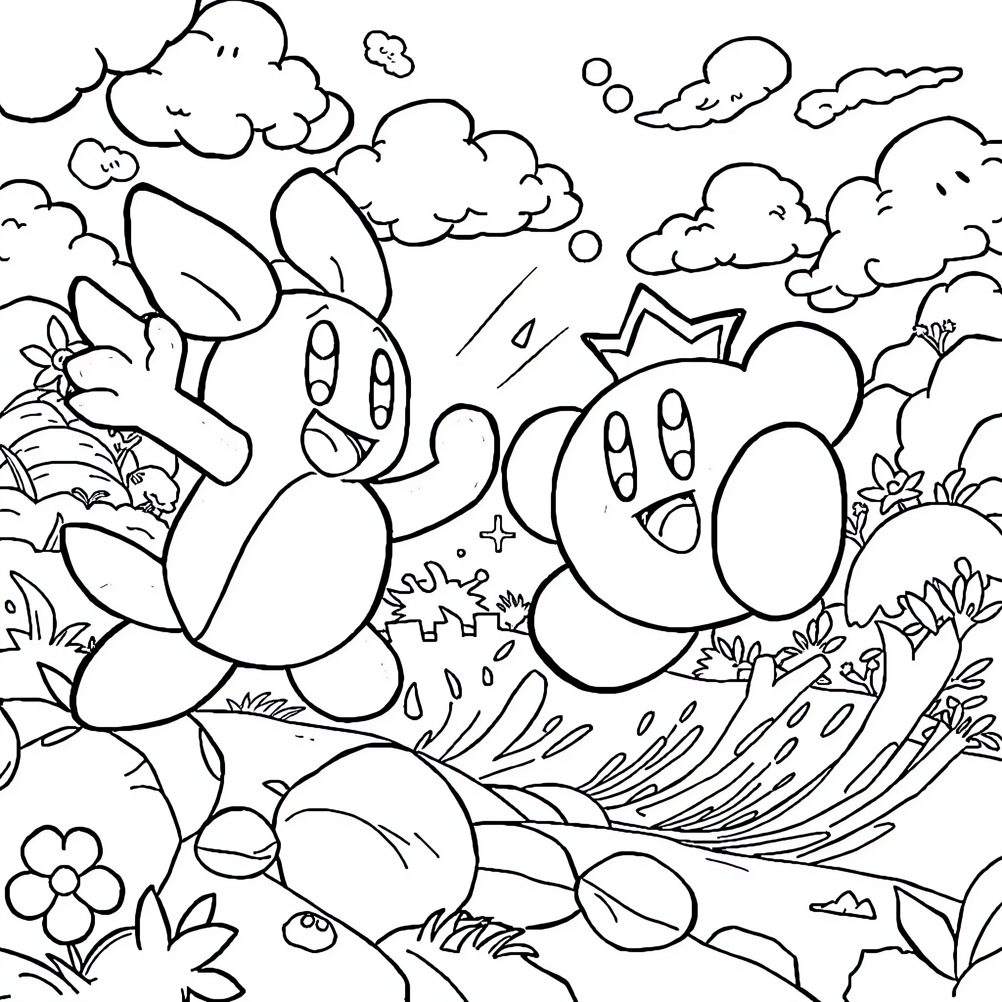 Kirby and friends explore a whimsical nature scene Coloring Page (free black-and-white line drawing printable PDF for all, from beginners to advanced learners, including children, teens, adults, and seniors)