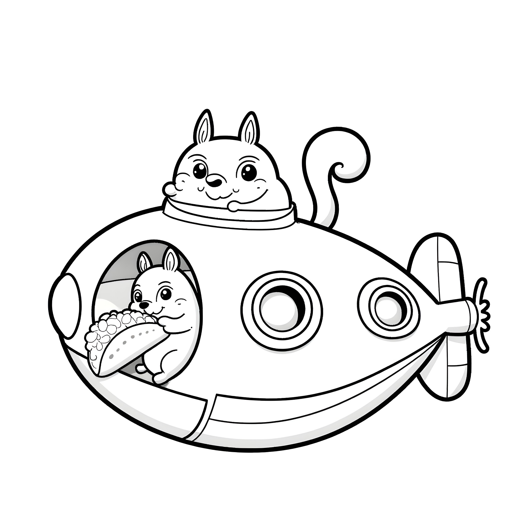 Squirrel friends riding a submarine Coloring Page (free black-and-white line drawing printable PDF for all, from beginners to advanced learners, including children, teens, adults, and seniors)