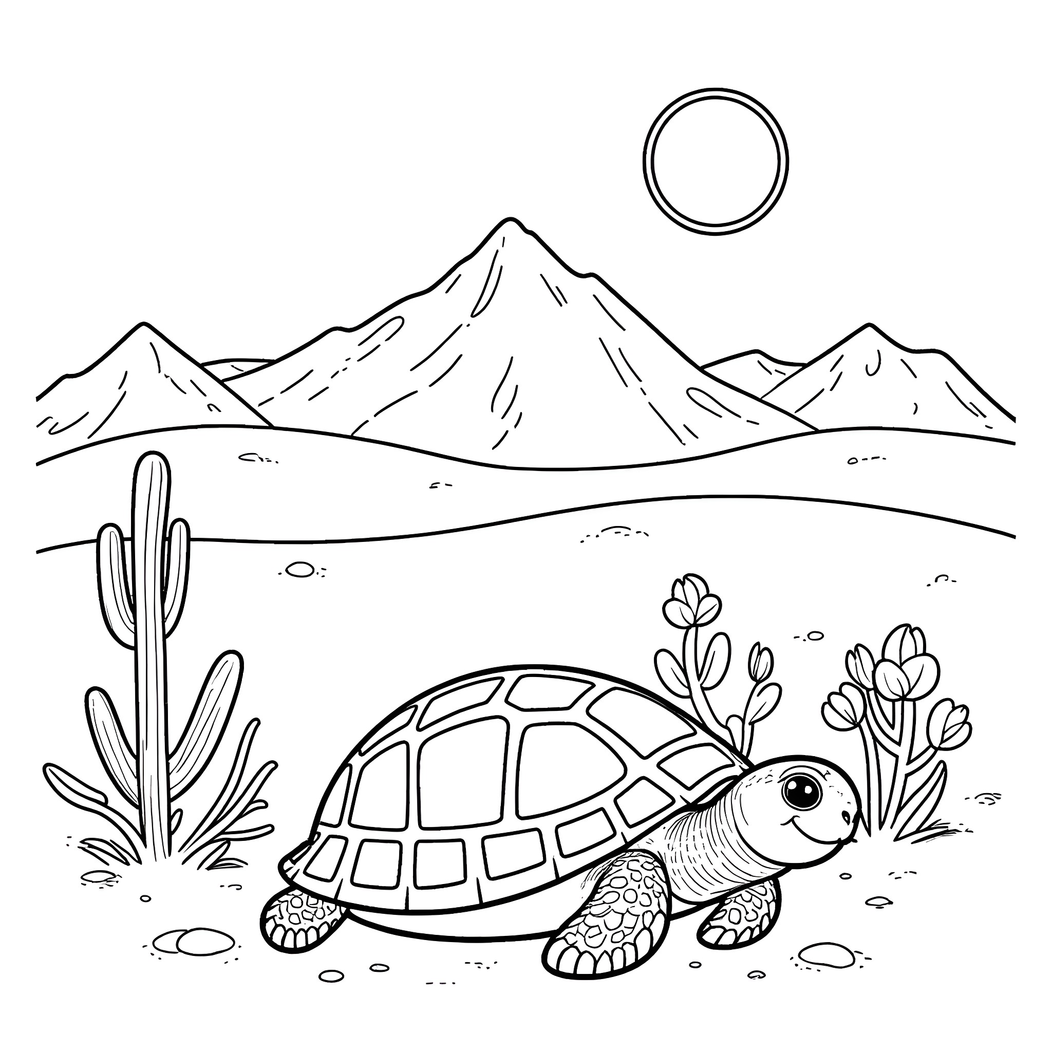 Turtle exploring the desert landscape Coloring Page (free black-and-white line drawing printable PDF for all, from beginners to advanced learners, including children, teens, adults, and seniors)