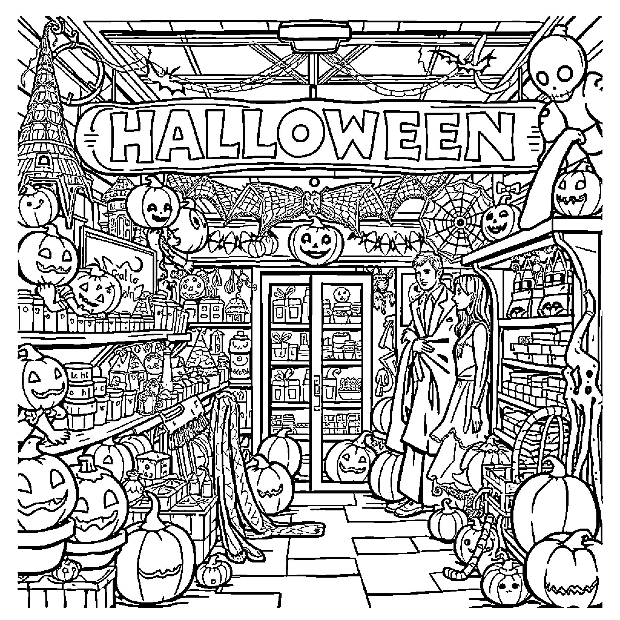 Spirit of Halloween celebrations in a festive store Coloring Page (free black-and-white line drawing printable PDF for all, from beginners to advanced learners, including children, teens, adults, and seniors)