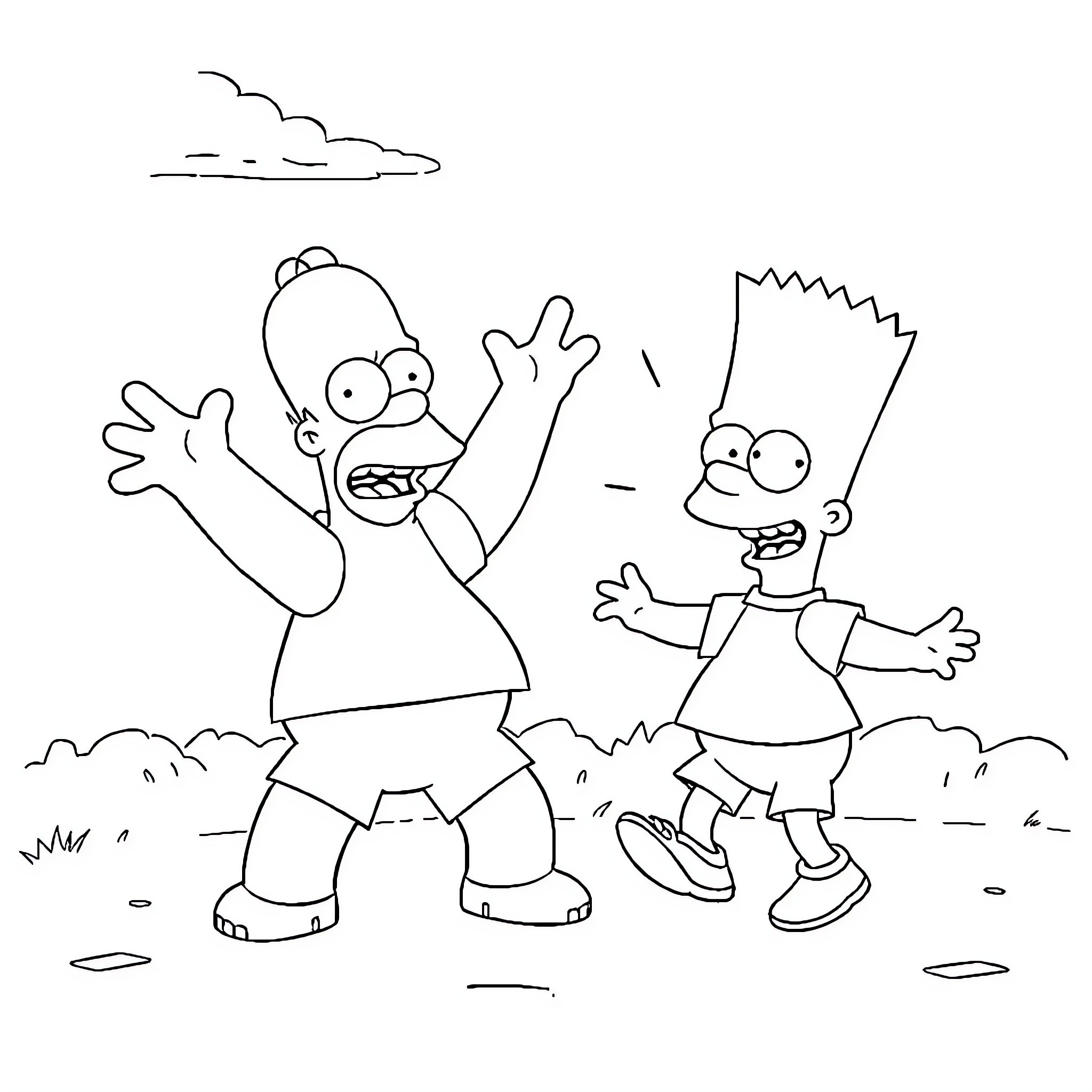 Homer Simpson and Bart enjoying a carefree day outdoors Coloring Page (free black-and-white line drawing printable PDF for all, from beginners to advanced learners, including children, teens, adults, and seniors)