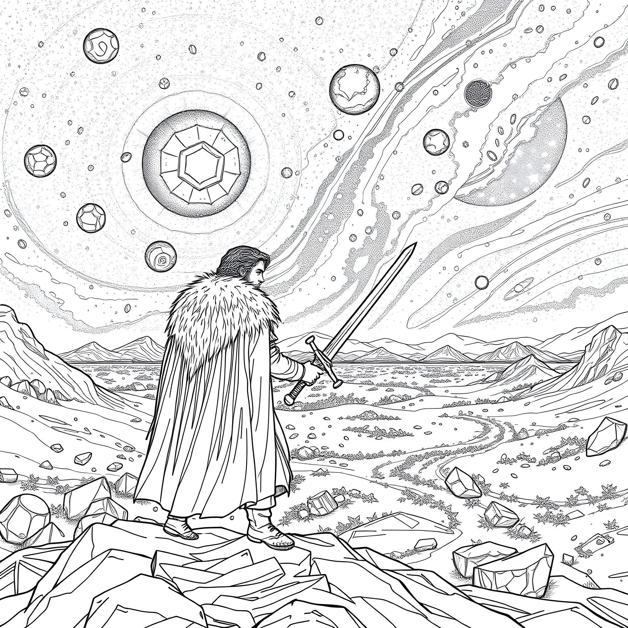 John Snow's Galactic Journey Coloring Page (free black-and-white line drawing printable PDF for all, from beginners to advanced learners, including children, teens, adults, and seniors)