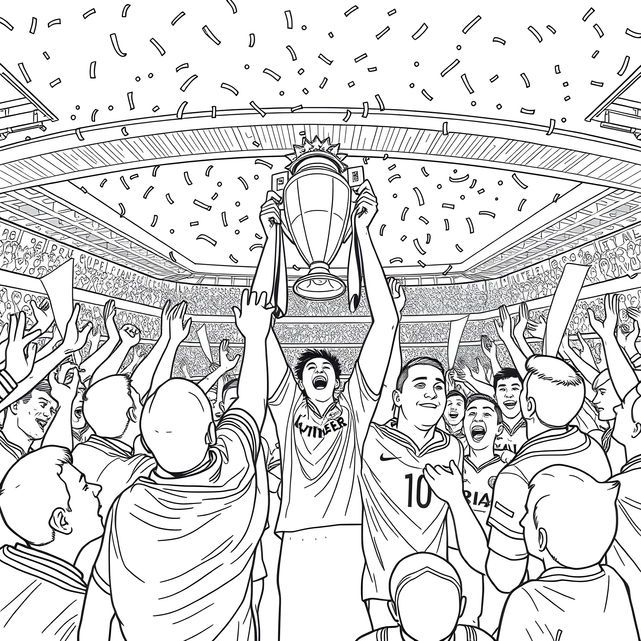 United Celebration of Victory in Sports Arena Coloring Page (free black-and-white line drawing printable PDF for all, from beginners to advanced learners, including children, teens, adults, and seniors)