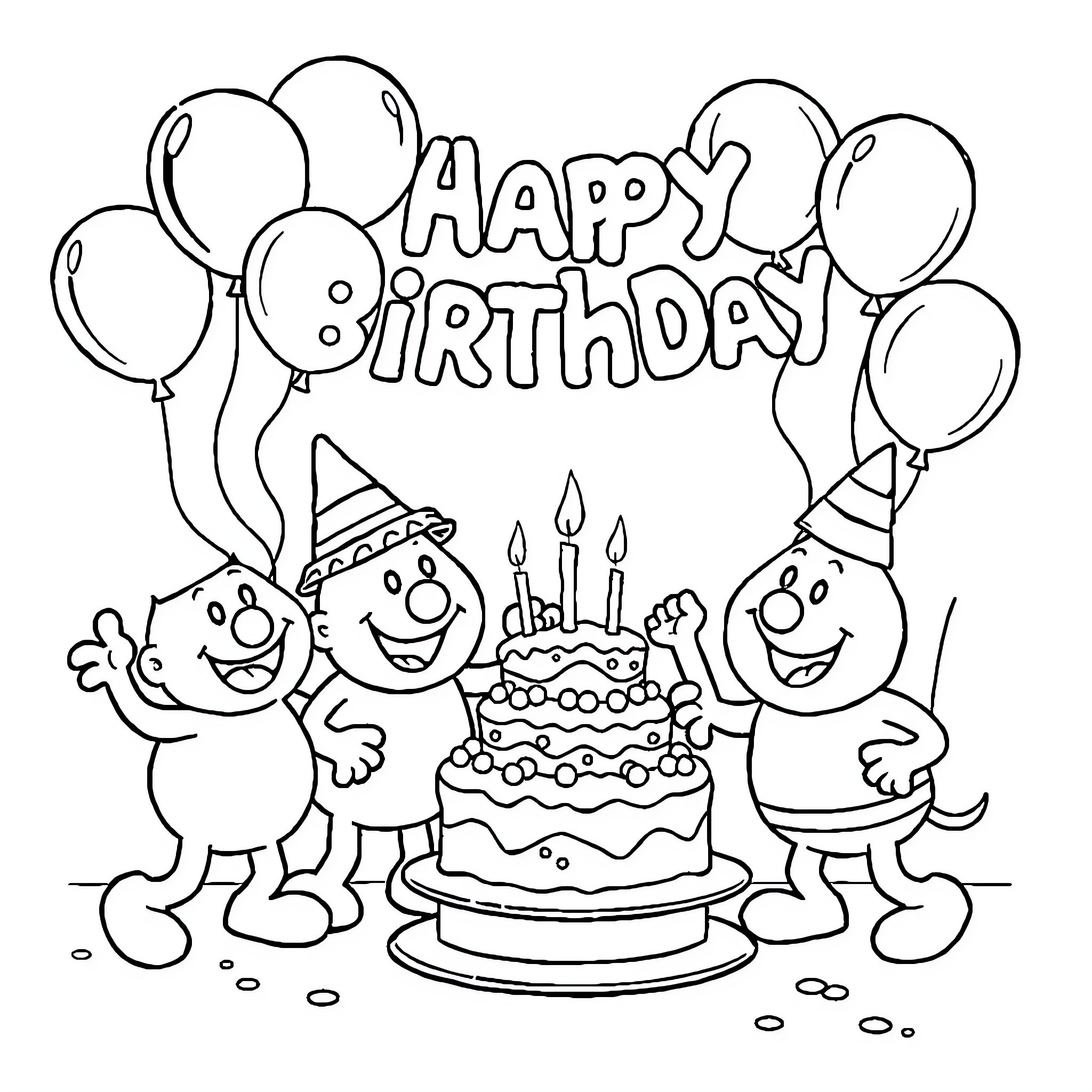 Mr. Men celebrating a happy birthday with cake and balloons Coloring Page (free black-and-white line drawing printable PDF for all, from beginners to advanced learners, including children, teens, adults, and seniors)