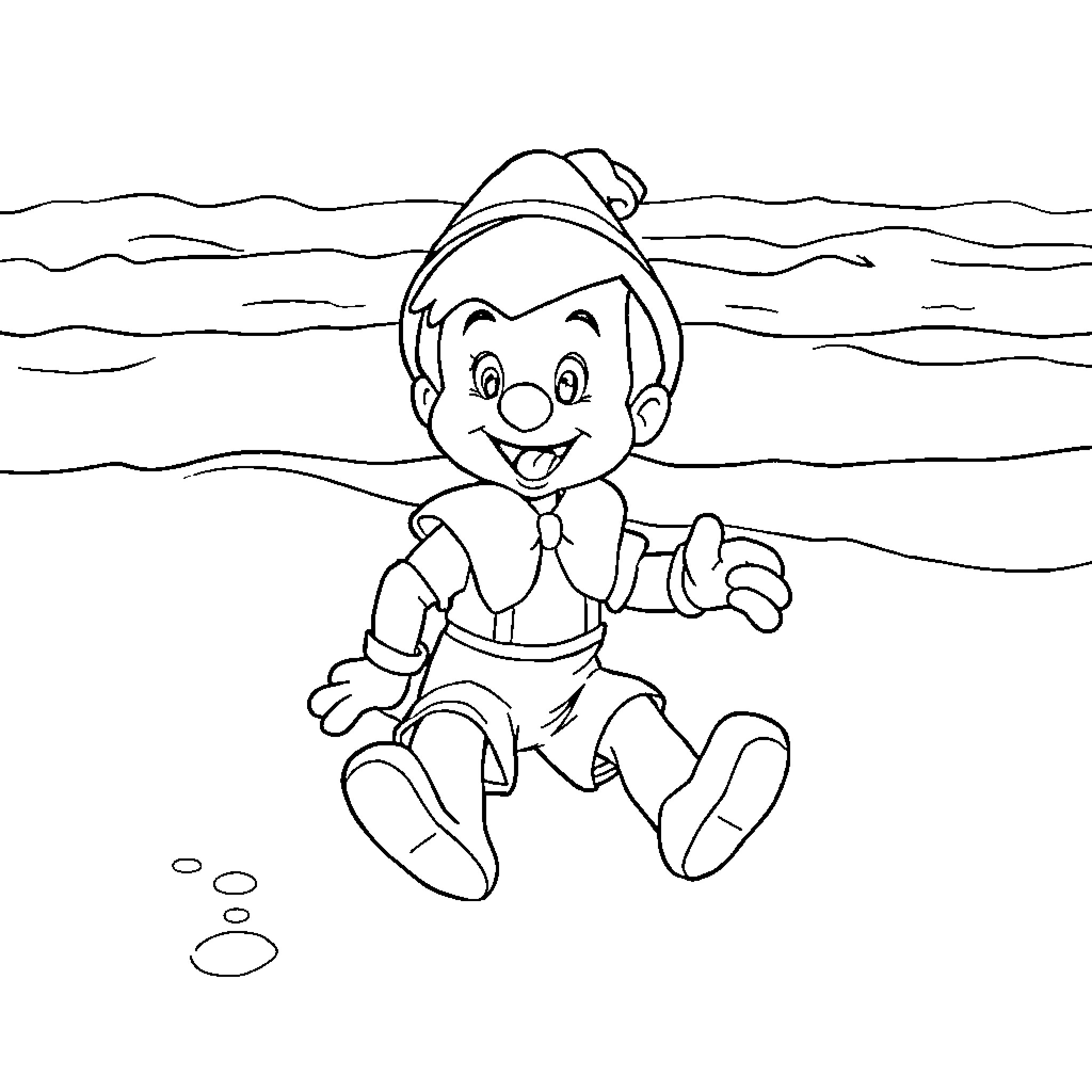 Pinocchio playfully jumping in the waves Coloring Page (free black-and-white line drawing printable PDF for all, from beginners to advanced learners, including children, teens, adults, and seniors)