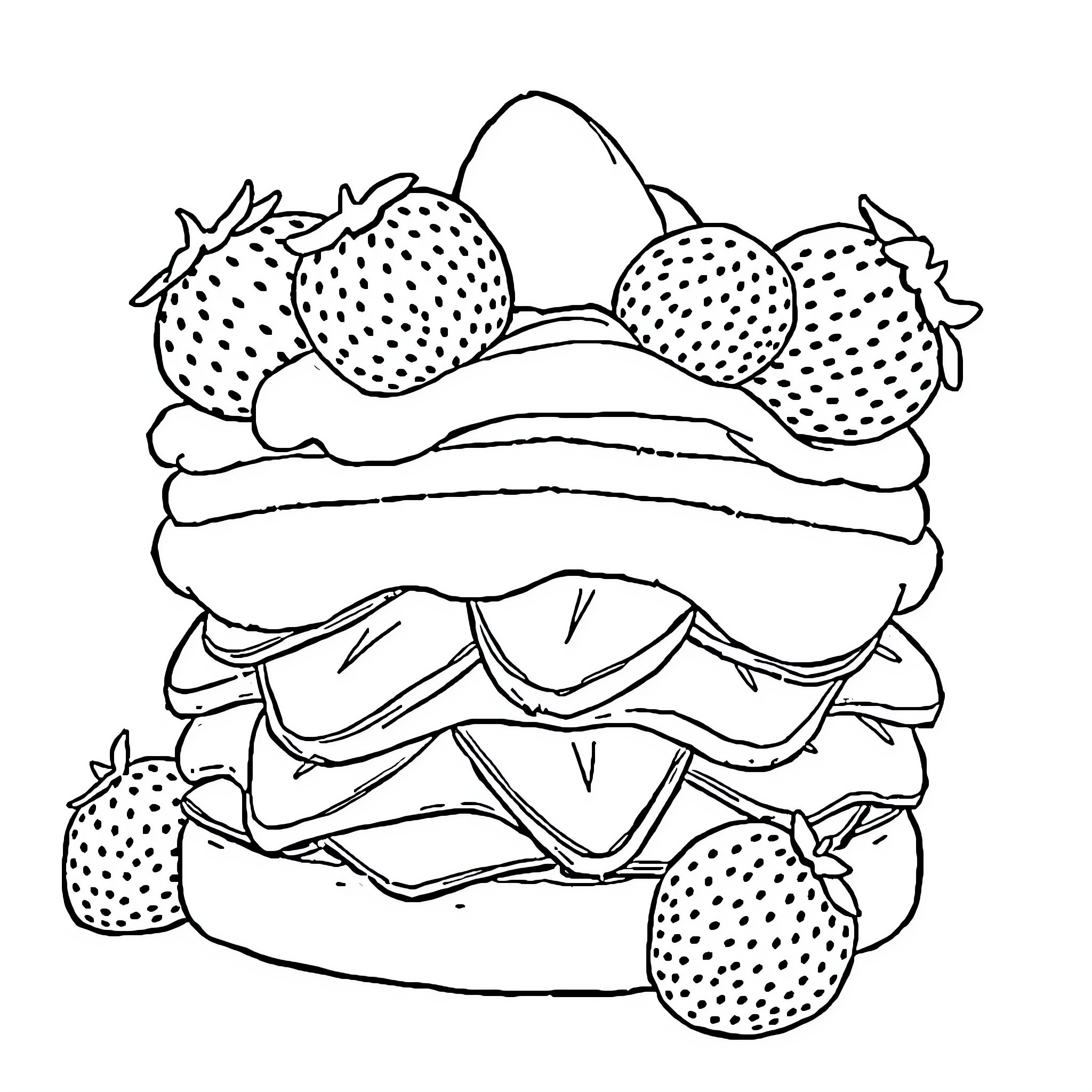 Strawberry Shortcake with Layered Treats and Berries Coloring Page (free black-and-white line drawing printable PDF for all, from beginners to advanced learners, including children, teens, adults, and seniors)