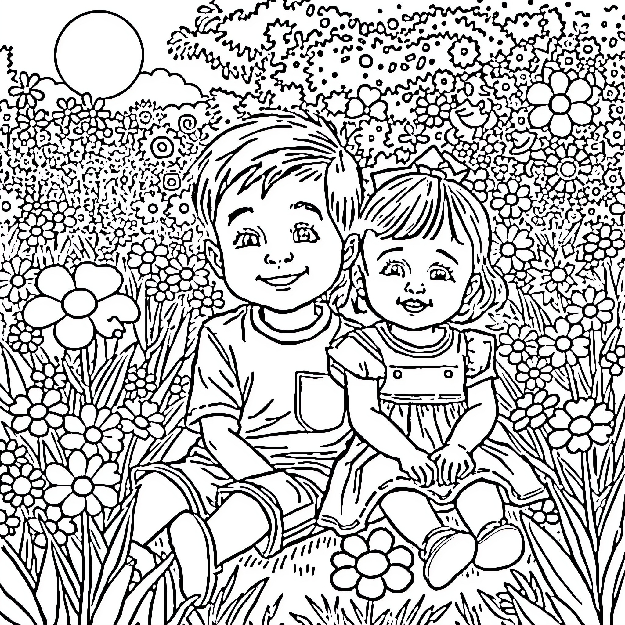 Boy and girl sitting in a flower garden Coloring Page (free black-and-white line drawing printable PDF for all, from beginners to advanced learners, including children, teens, adults, and seniors)
