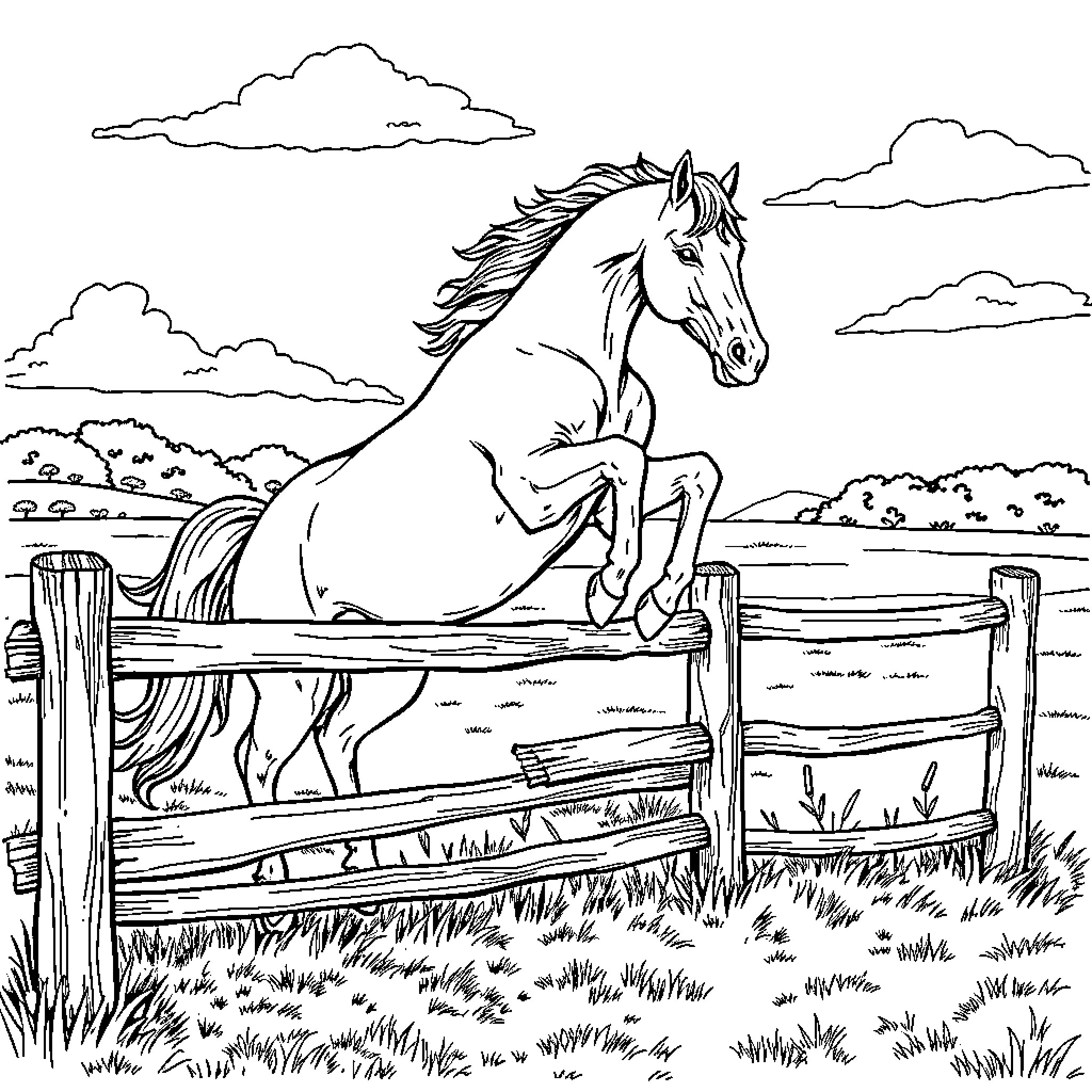 Horse galloping freely in a pastoral landscape Coloring Page (free black-and-white line drawing printable PDF for all, from beginners to advanced learners, including children, teens, adults, and seniors)