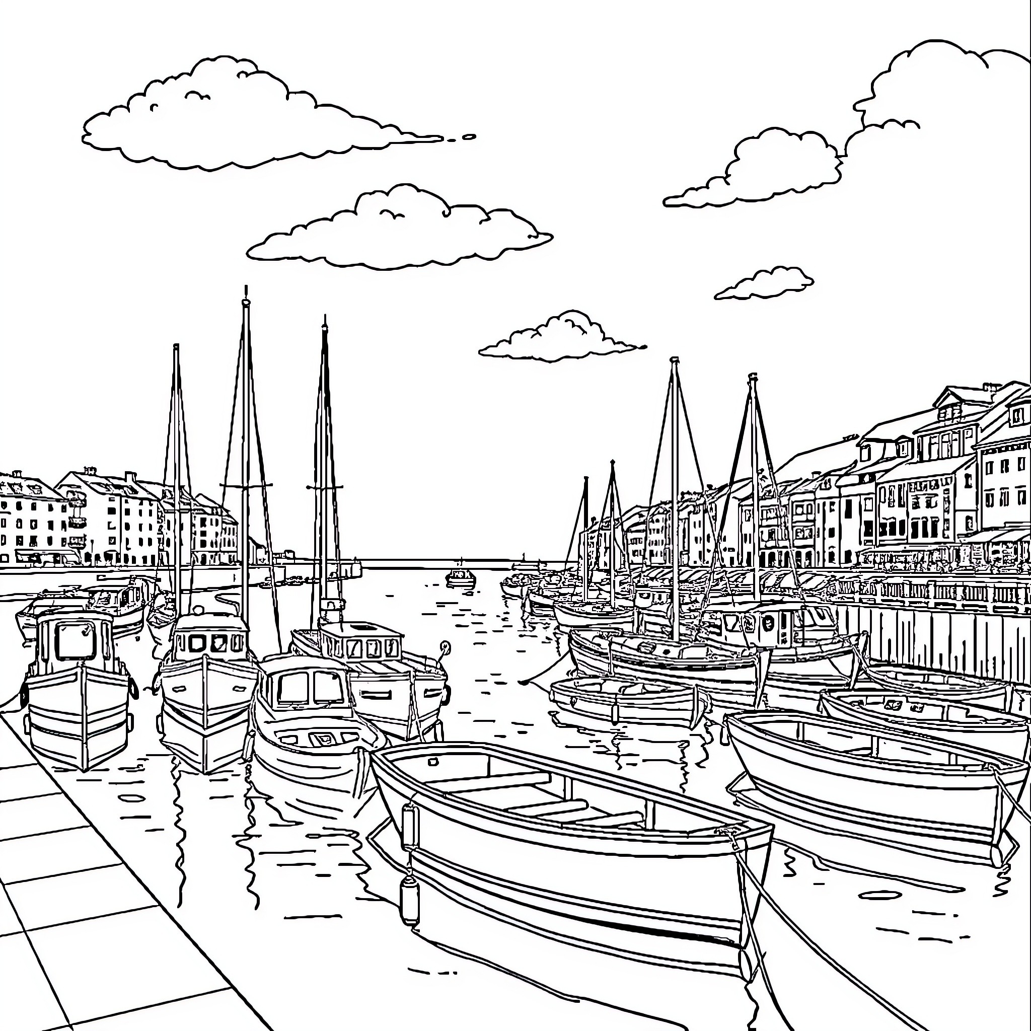 Port with Sailboats and Boats Docked in Harbor Coloring Page (free black-and-white line drawing printable PDF for all, from beginners to advanced learners, including children, teens, adults, and seniors)