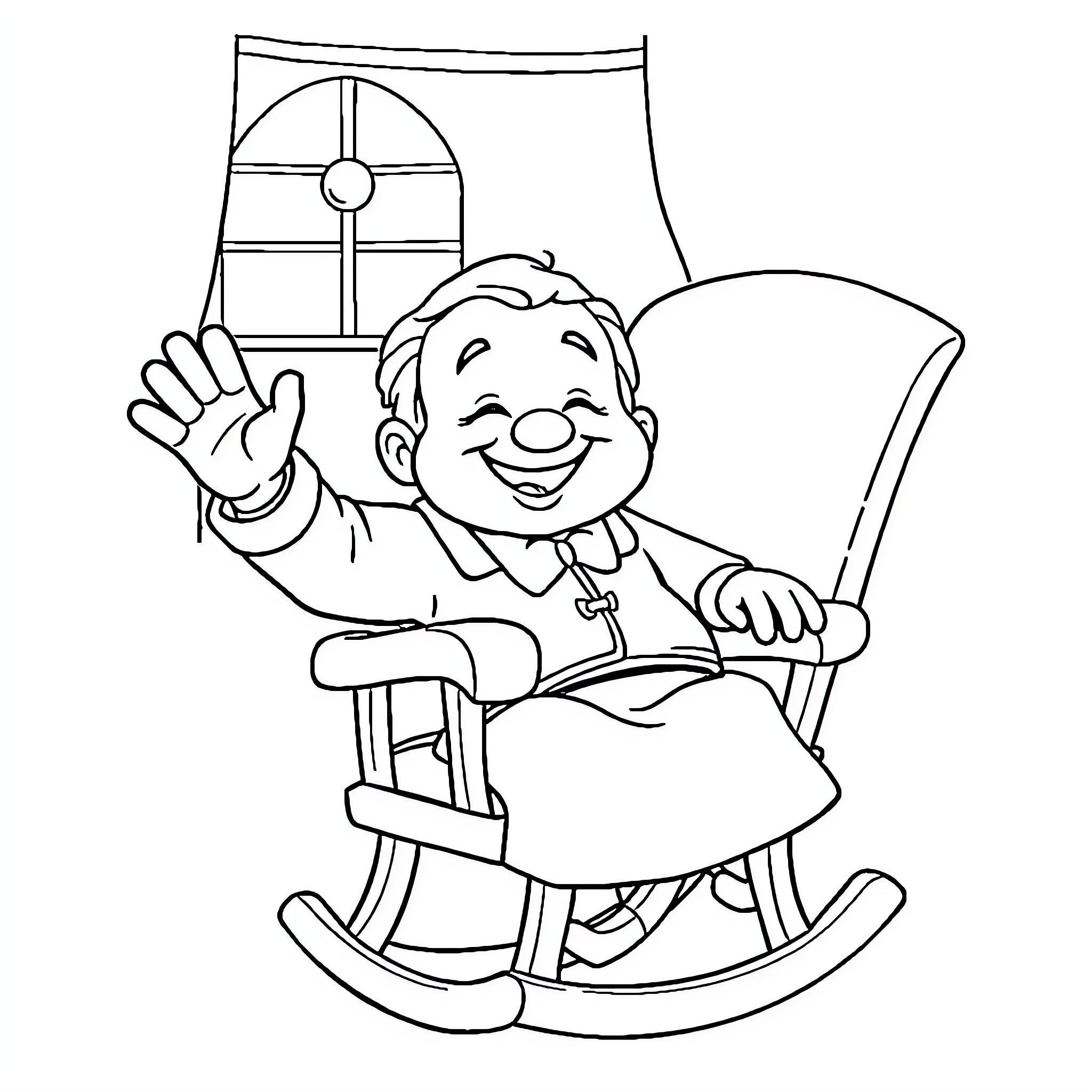 Abuelito relaxing in his rocking chair Coloring Page (free black-and-white line drawing printable PDF for all, from beginners to advanced learners, including children, teens, adults, and seniors)