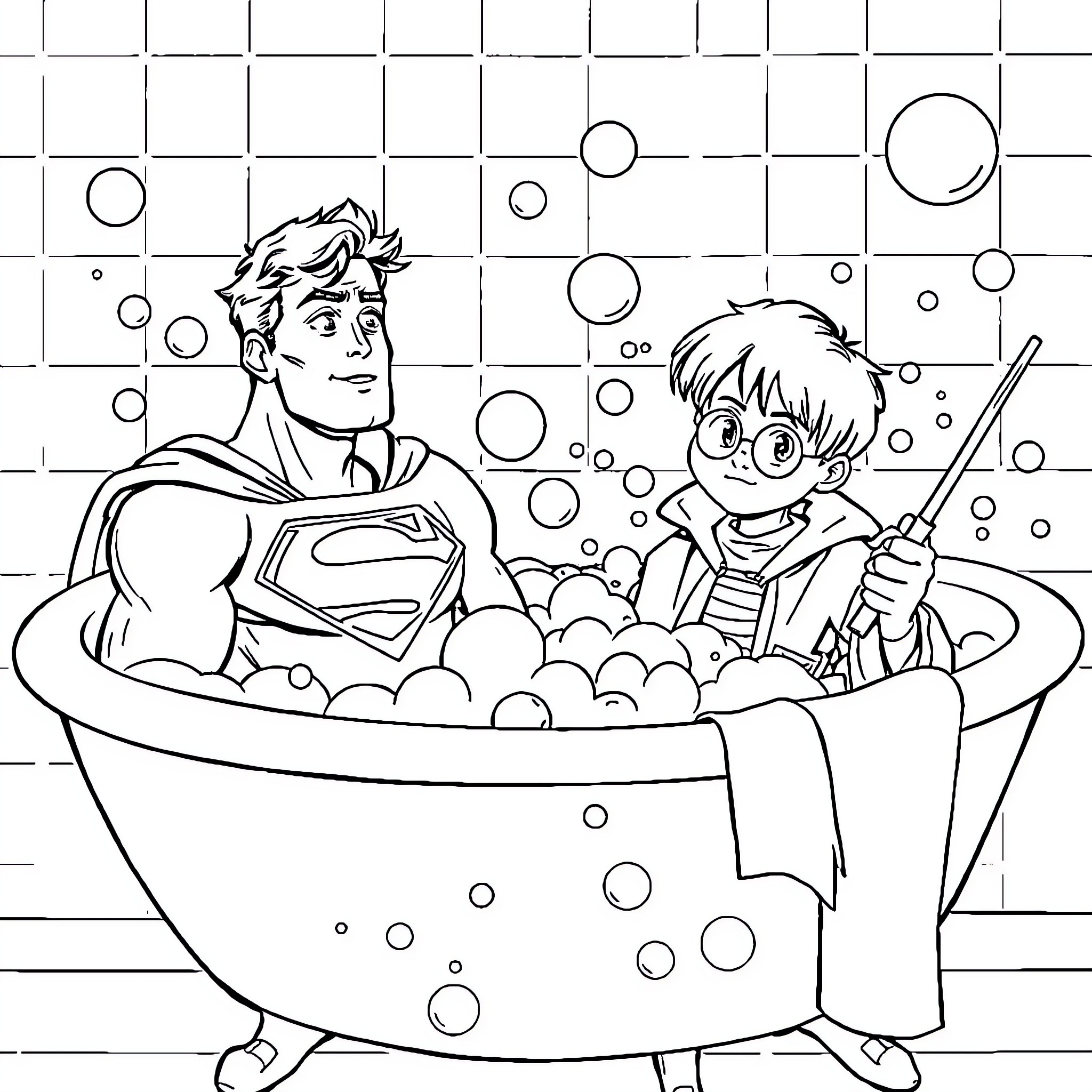 Superman and child enjoying a bubble bath Coloring Page (free black-and-white line drawing printable PDF for all, from beginners to advanced learners, including children, teens, adults, and seniors)