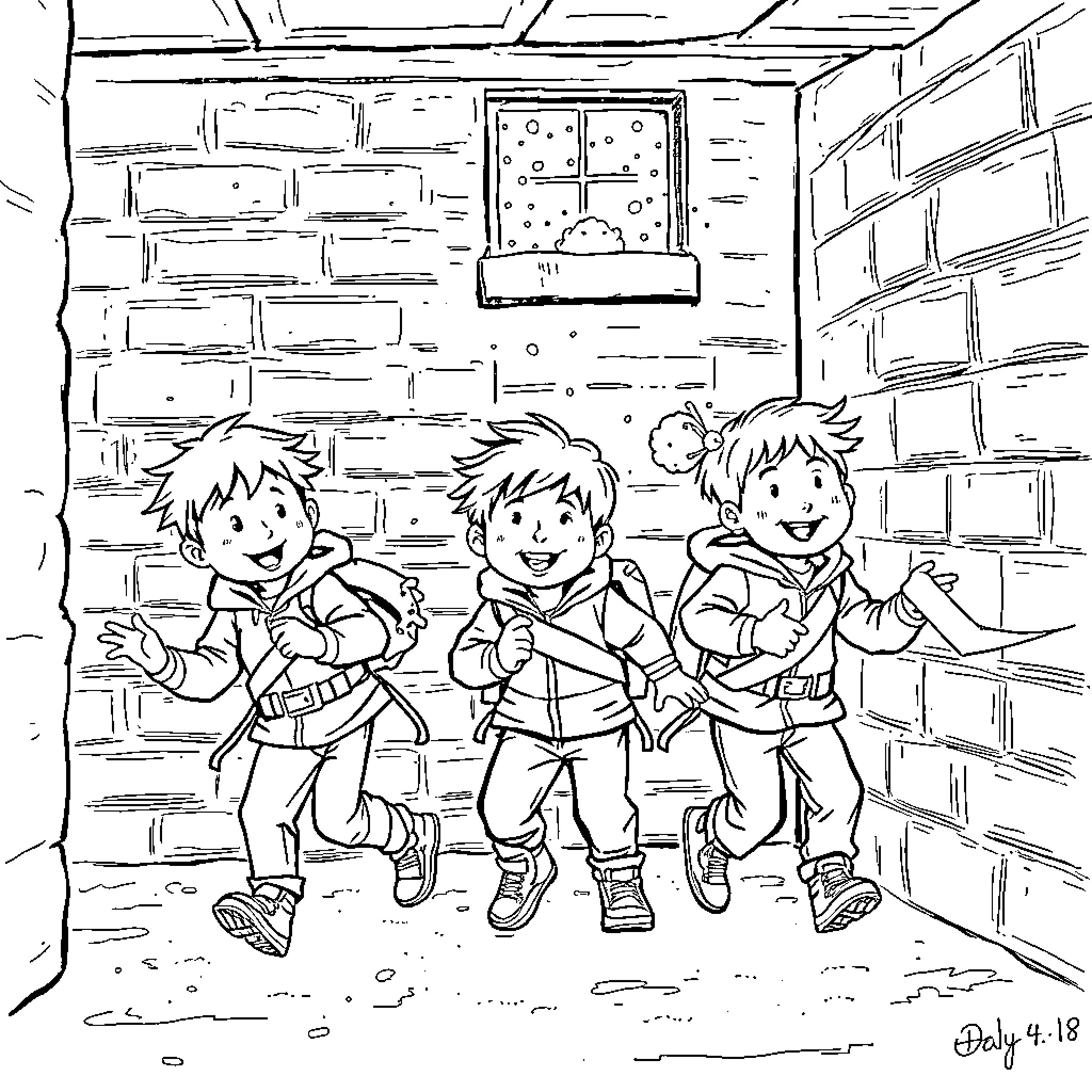 Kids playing joyfully in the alley Coloring Page (free black-and-white line drawing printable PDF for all, from beginners to advanced learners, including children, teens, adults, and seniors)